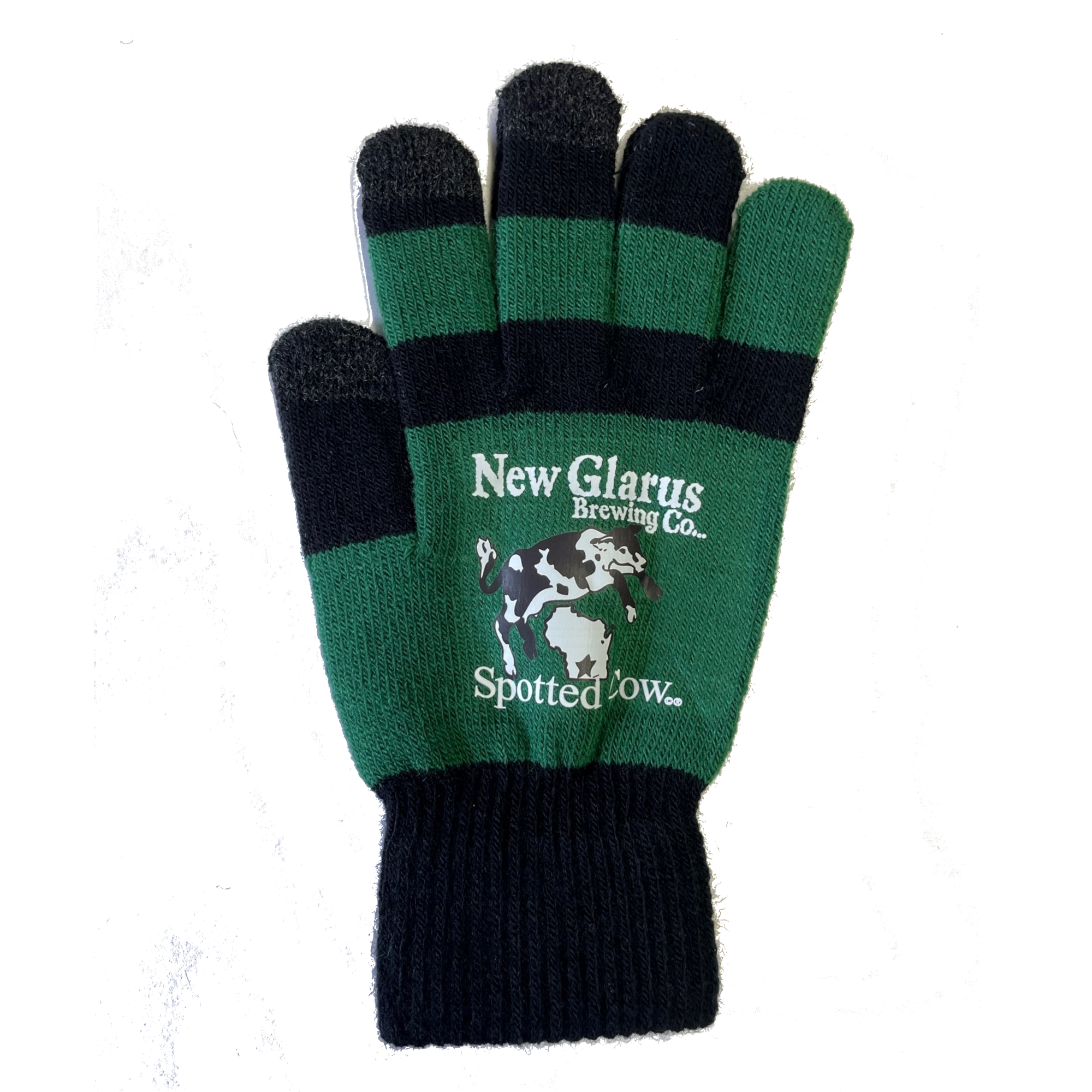 Dark green and black gloves with the Spotted Cow logo in black and white on the back.