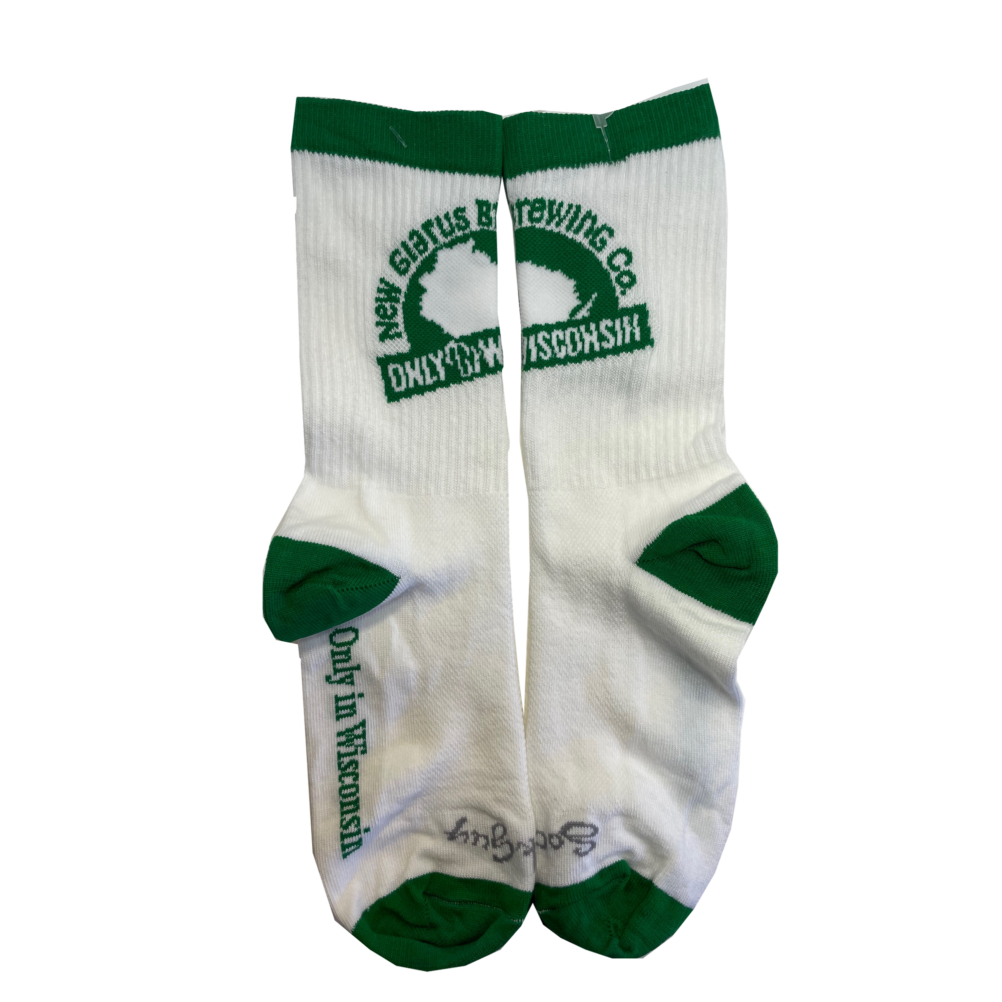 White socks with green toe, heel and top band. Features a green New Glarus Brewing Co. Only In Wisconsin logo.