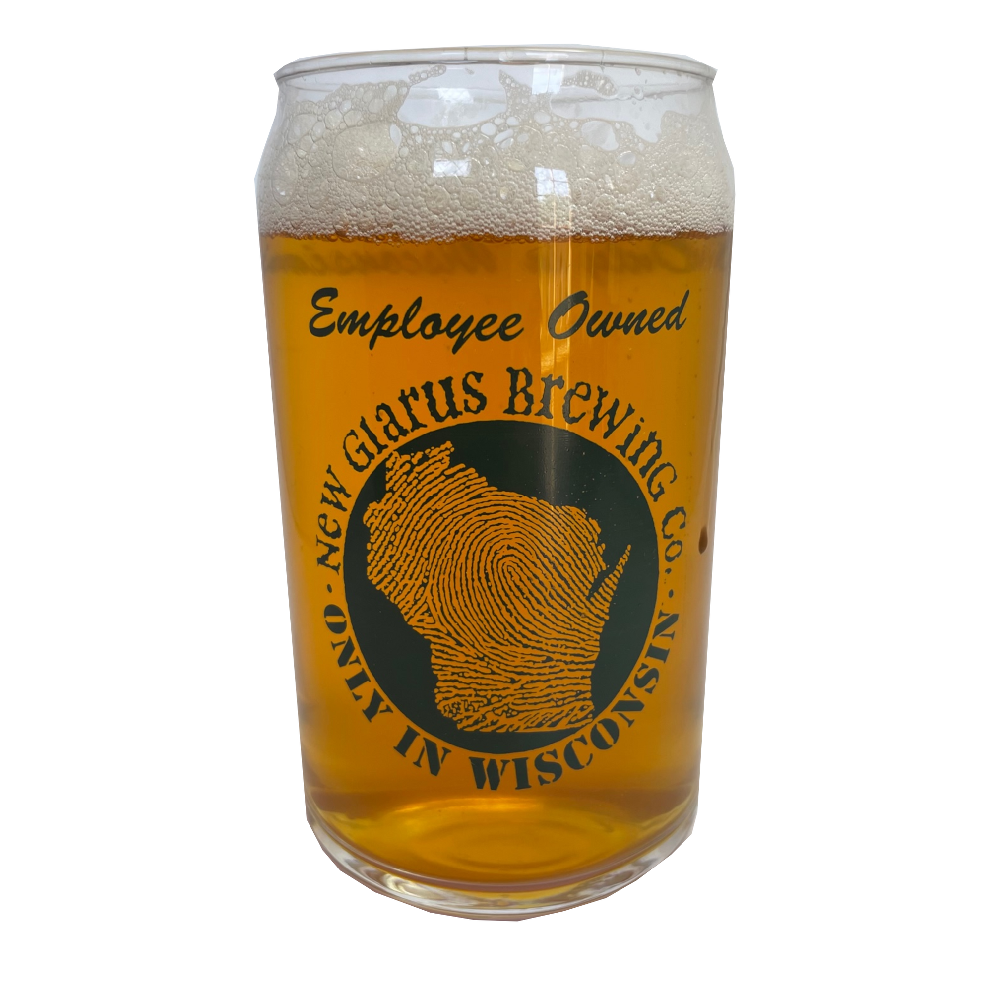 Can shaped glass with New Glarus Brewing Co. Only In Wisconsin circle logo and Employee Owned printed on the glass in dark green.
