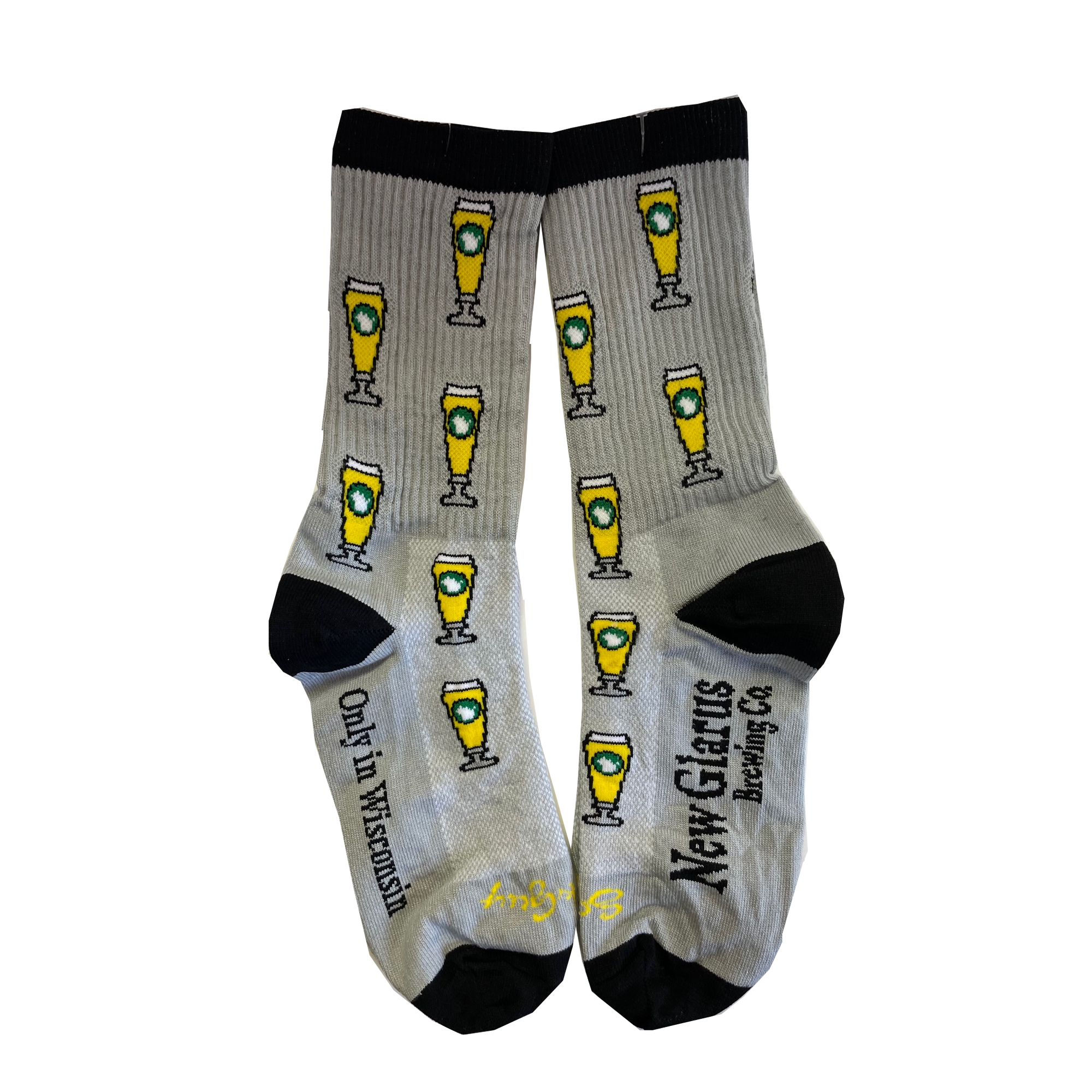 Light gray socks with small yellow pilsner glasses. Features black toe, heel and top band.