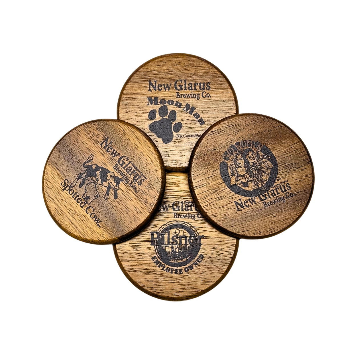 Wooden coaster set with New Glarus Brewing Co Beer Brand logos of Spotted Cow, Moon Man, Two Women and Pilsner