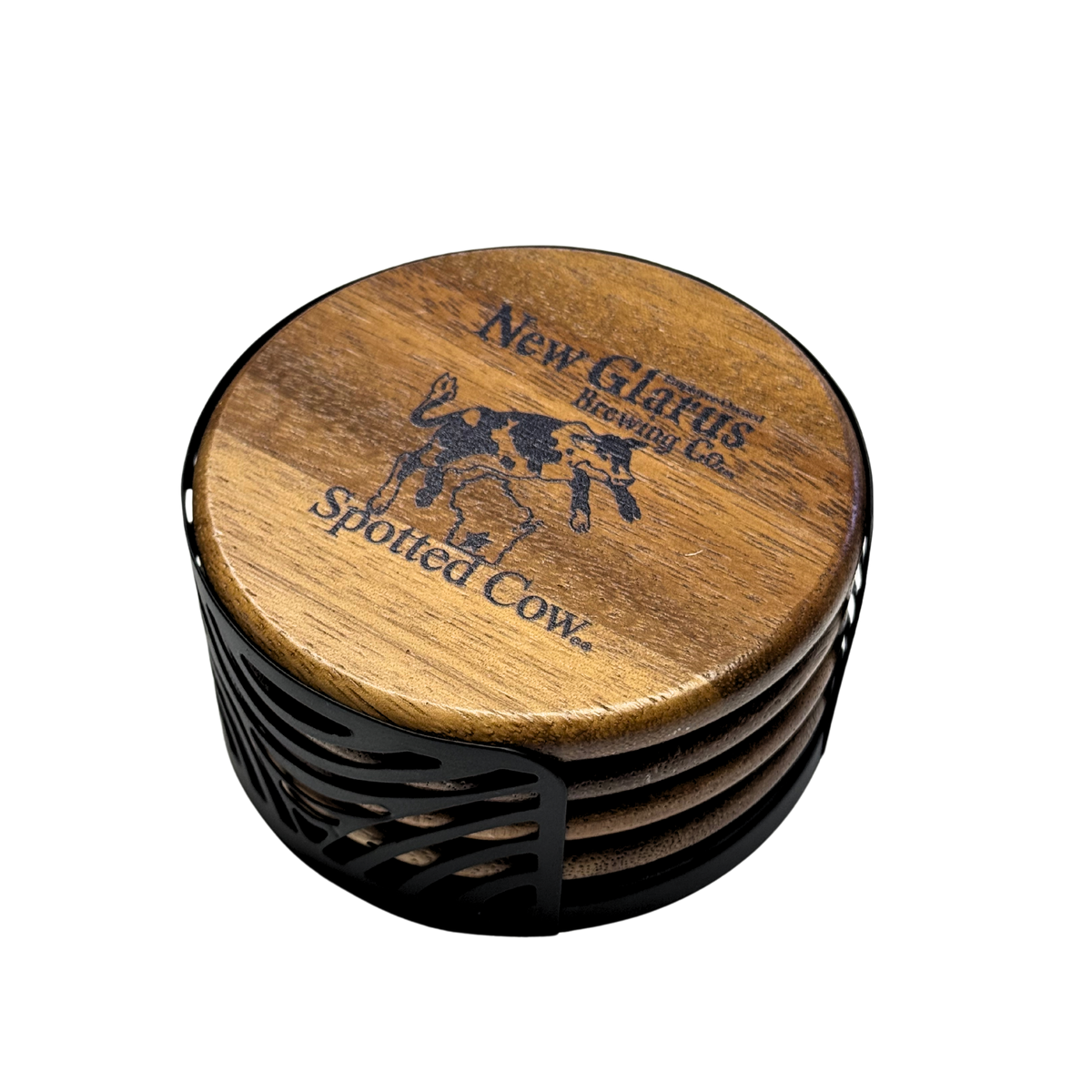 Four pack wooden coaster set with metal holder