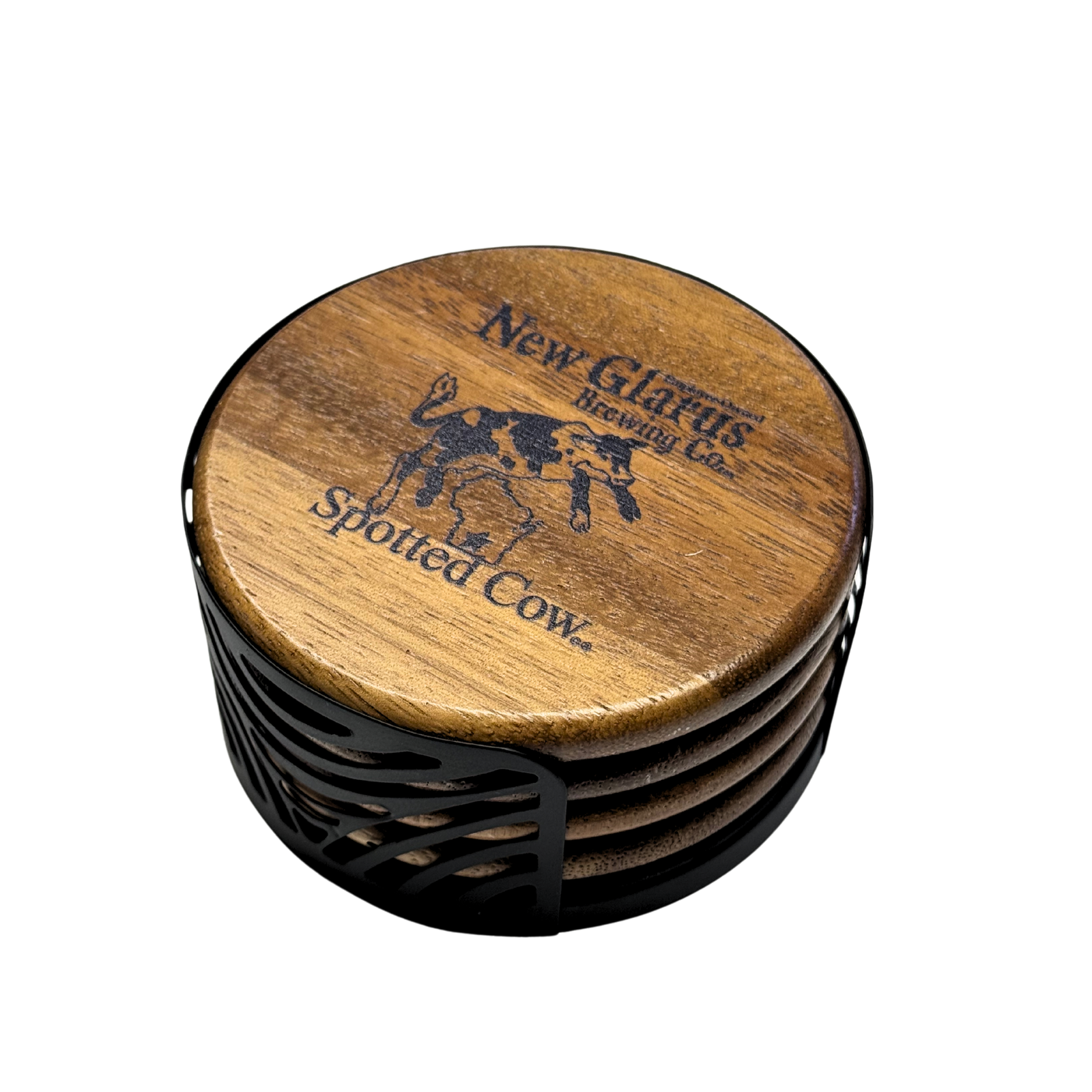 Four pack wooden coaster set with metal holder