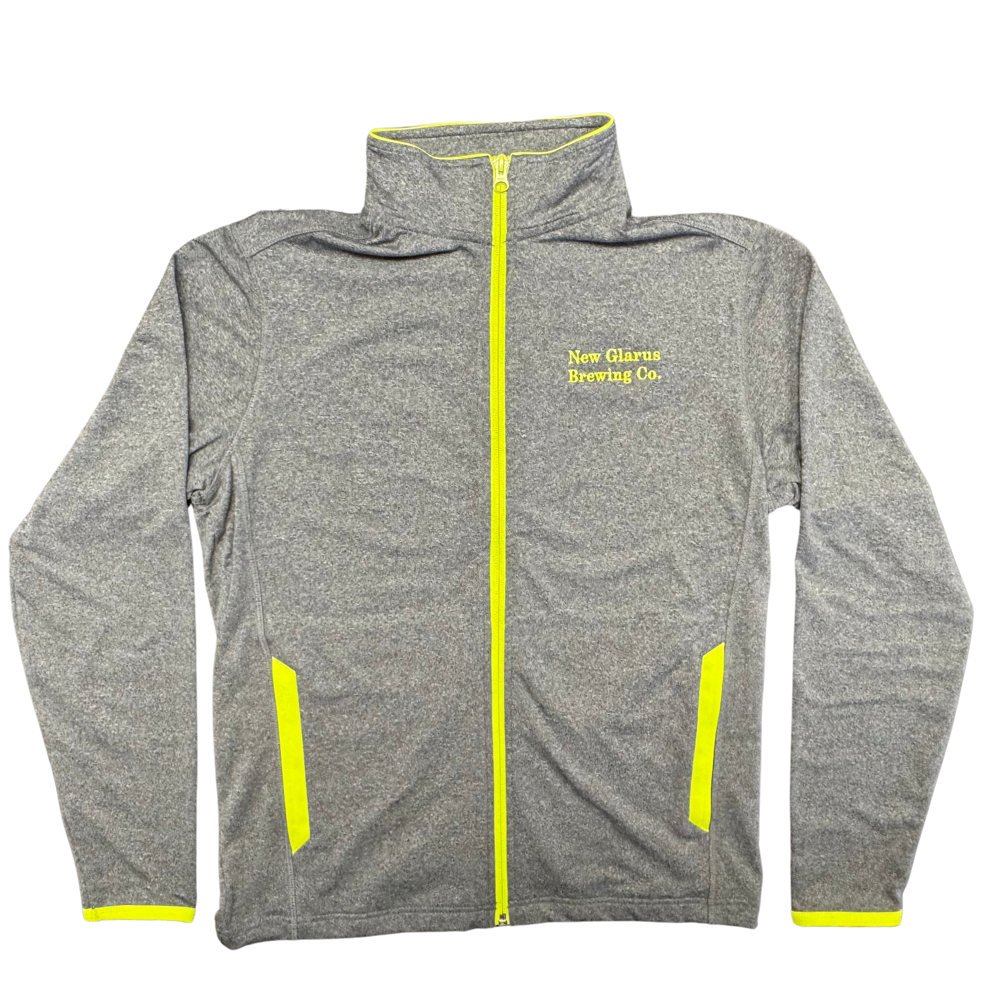 Sport-Tek Full-Zip jacket in the color charcoal gray, with charge green contrast colors on zipper, pockets, and thumbholes. Charge green stitching of New Glarus Brewing Co. on front left side, and Only in Wisconsin on the back.