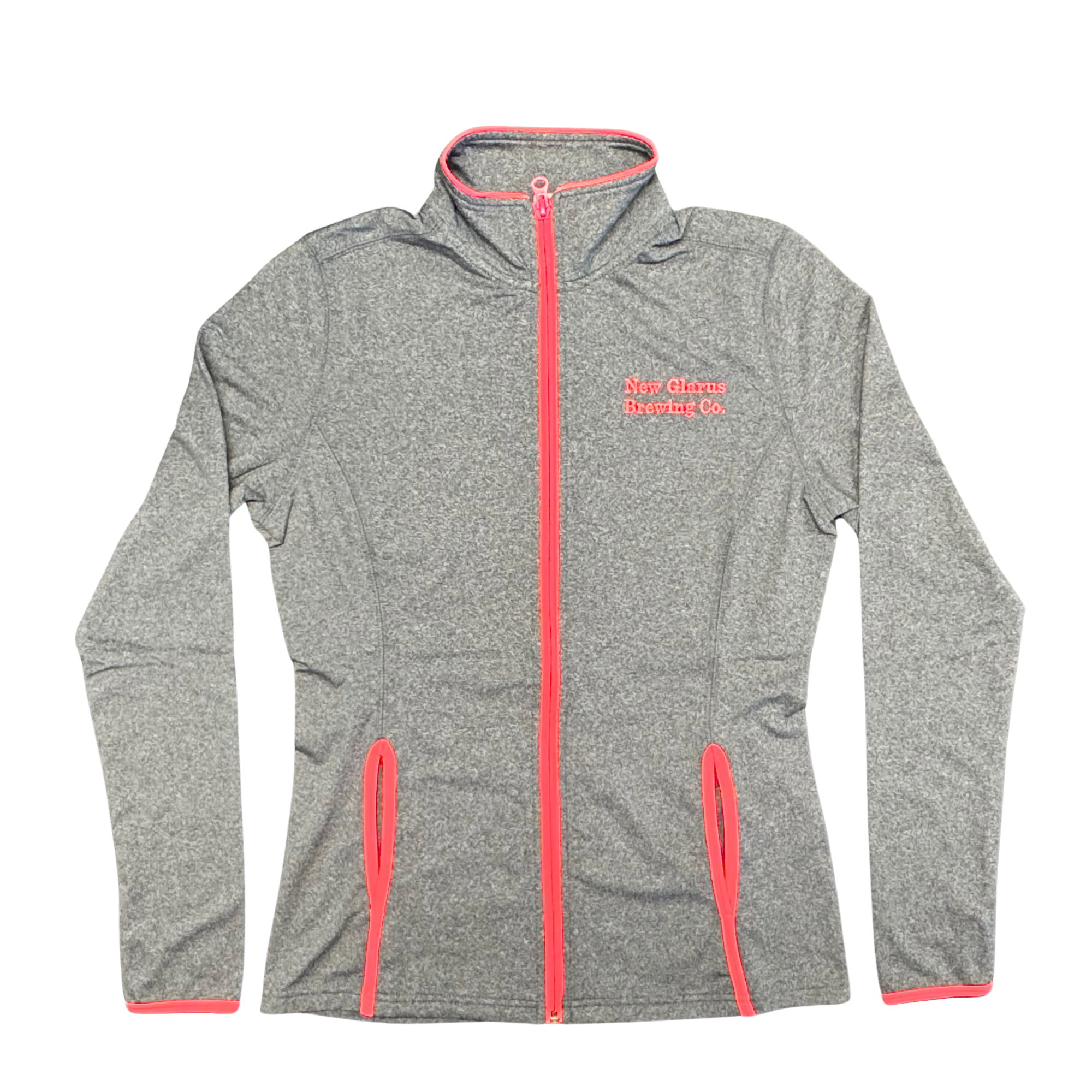 Sport-Tek Full-Zip jacket in the color charcoal gray, with hot coral contrast colors on zipper, pockets, and thumbholes. Hot coral stitching of New Glarus Brewing Co. on front left side, and Only in Wisconsin on the back.