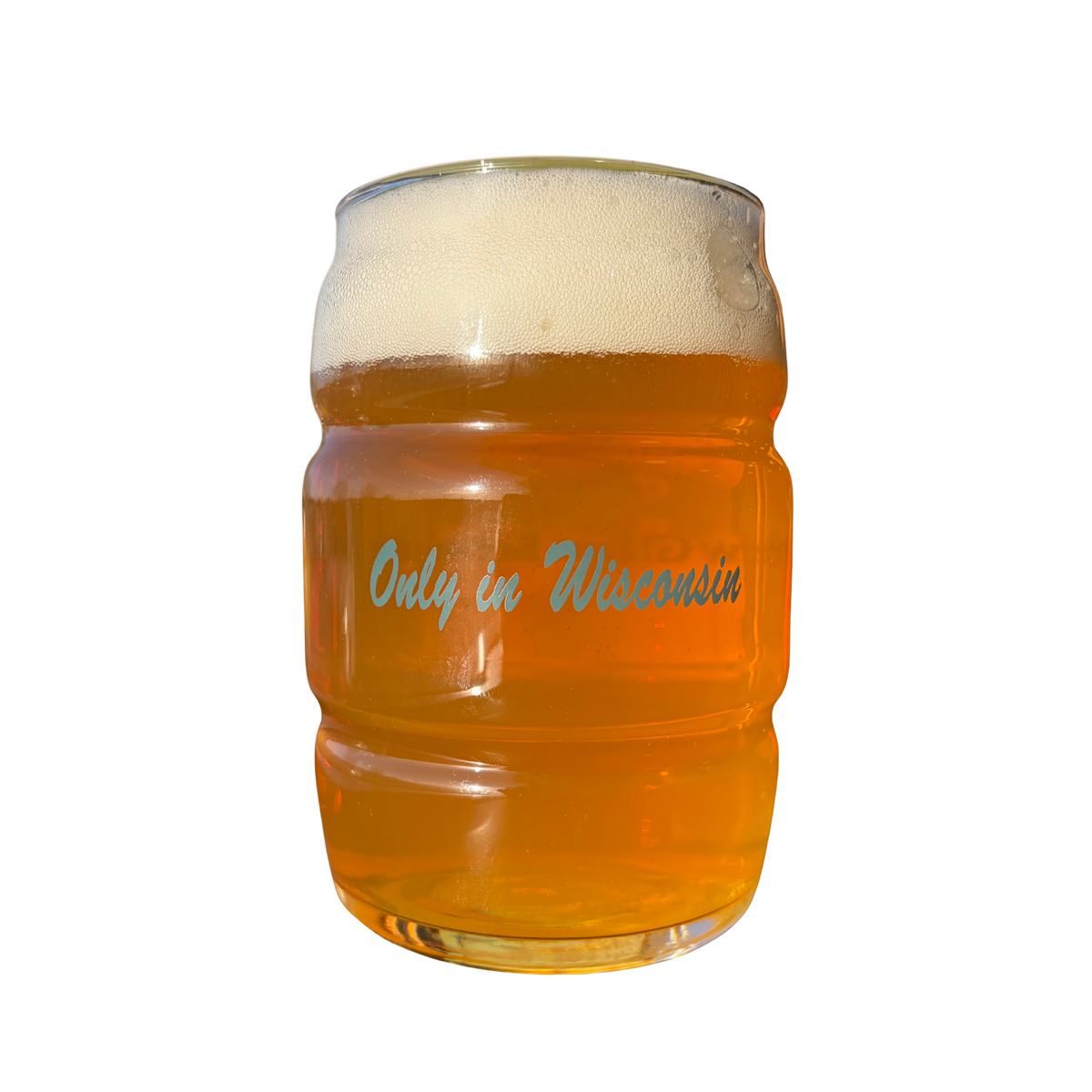 16oz. barrel shaped glass featuring New Glarus Brewing Co. logo on front, and Only in Wisconsin logo on back in green.