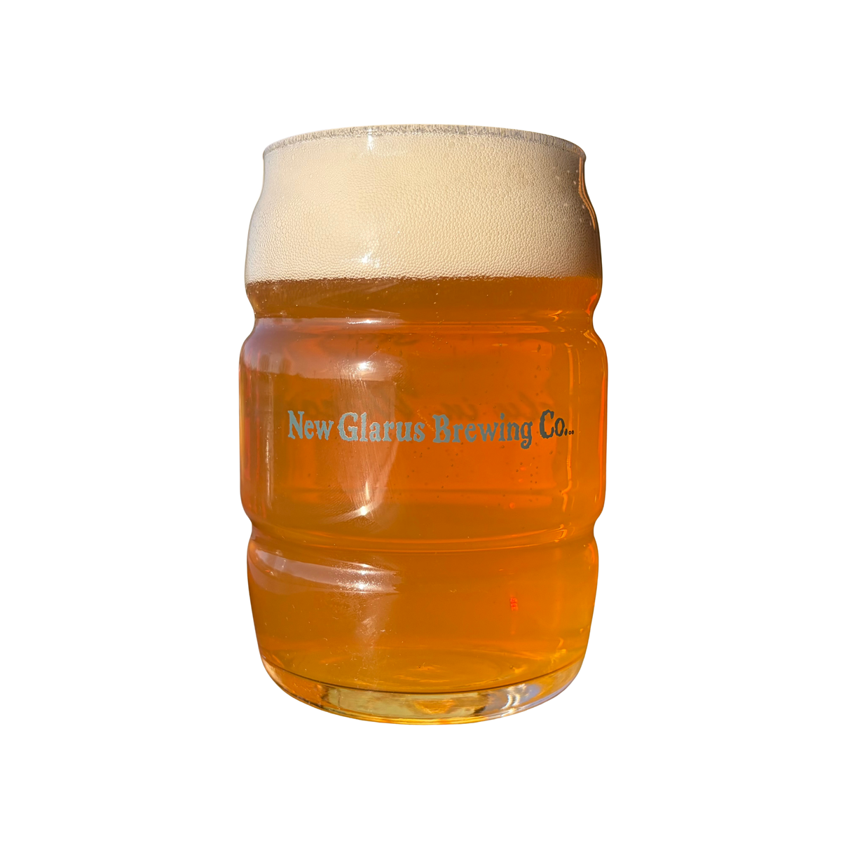 16oz. barrel shaped glass featuring New Glarus Brewing Co. logo on front, and Only in Wisconsin logo on back in green.