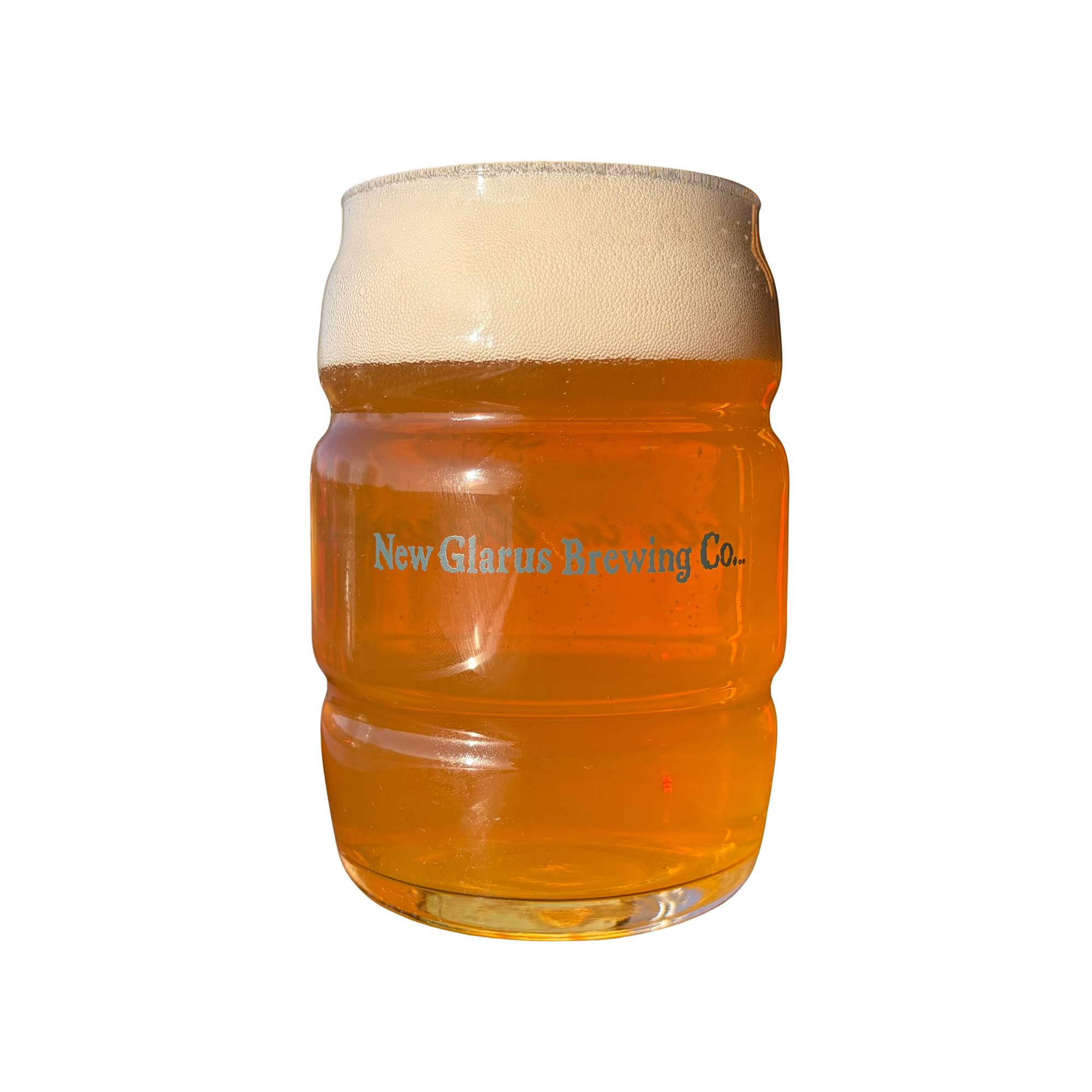 16oz. barrel shaped glass featuring New Glarus Brewing Co. logo on front, and Only in Wisconsin logo on back in green.