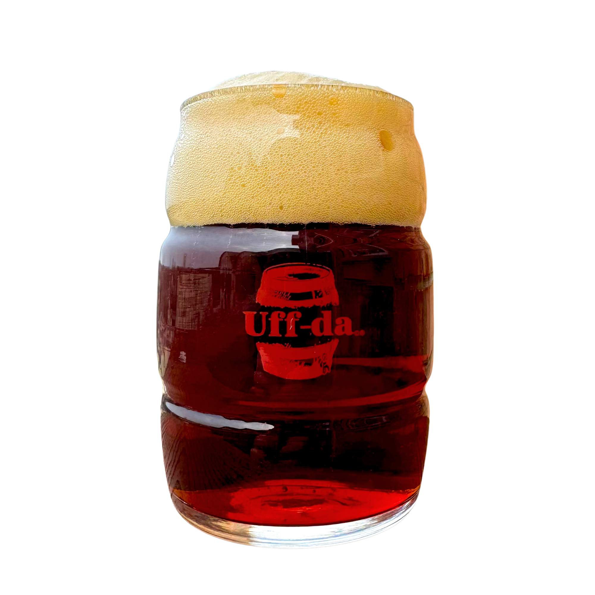 16oz. barrel shaped glass featuring New Glarus Brewing Co. Uff-Da Bock logo on front, and New Glarus Brewing Co. on back in red