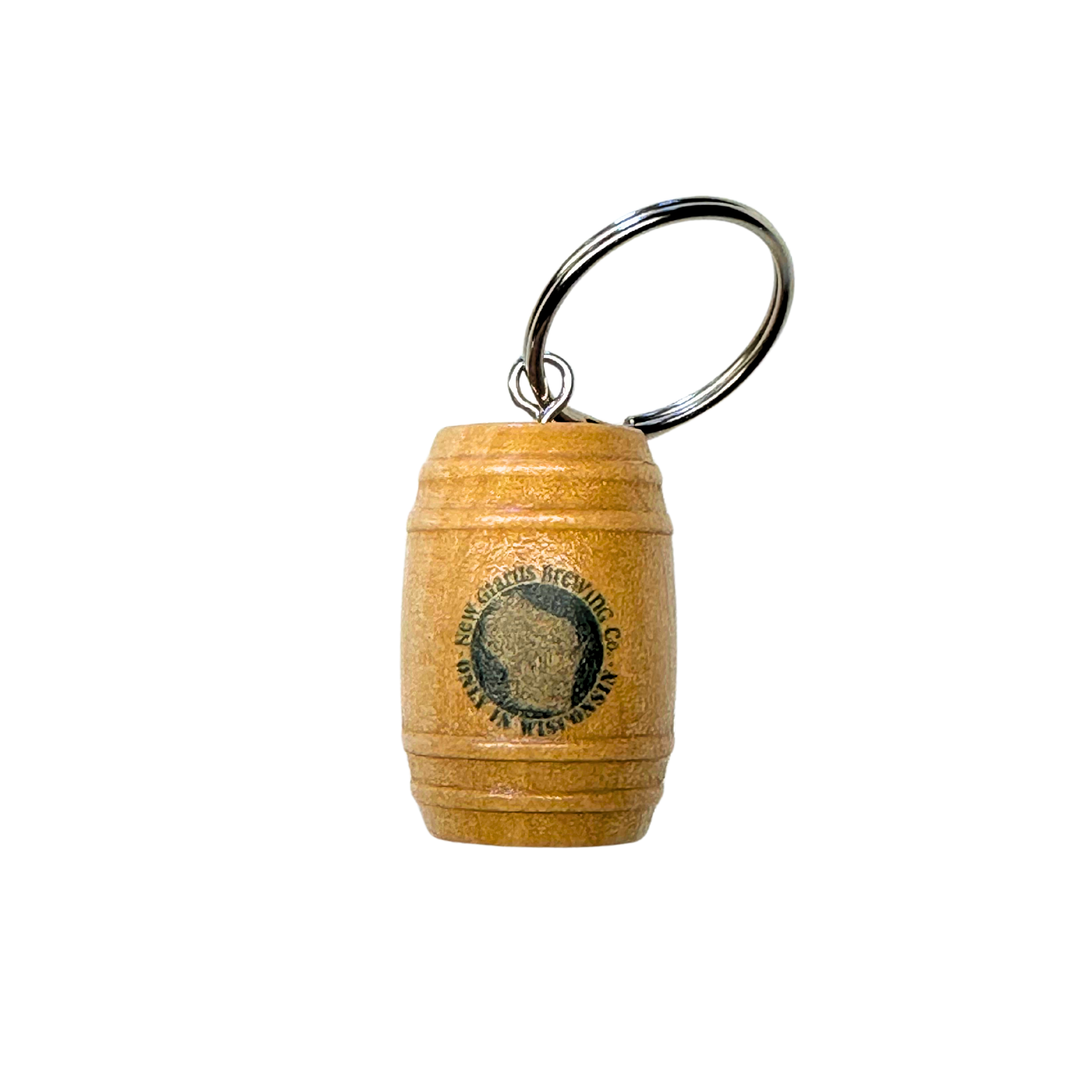 Wooden barrel keychain with New Glaru Brewing Co. Only in Wisconsin logo on front in green 