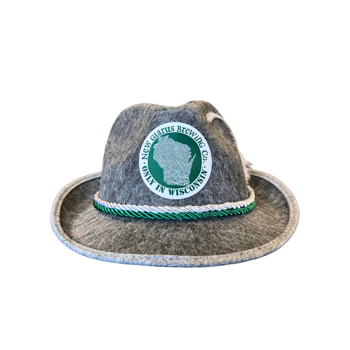 Gray felt Oktoberfest Bavarian Hat with, green and white rope around the brim, and two feathers. Featuring New Glarus Brewing Co.&#39;s &quot;Only in Wisconsin circle logo on the front in green and white.