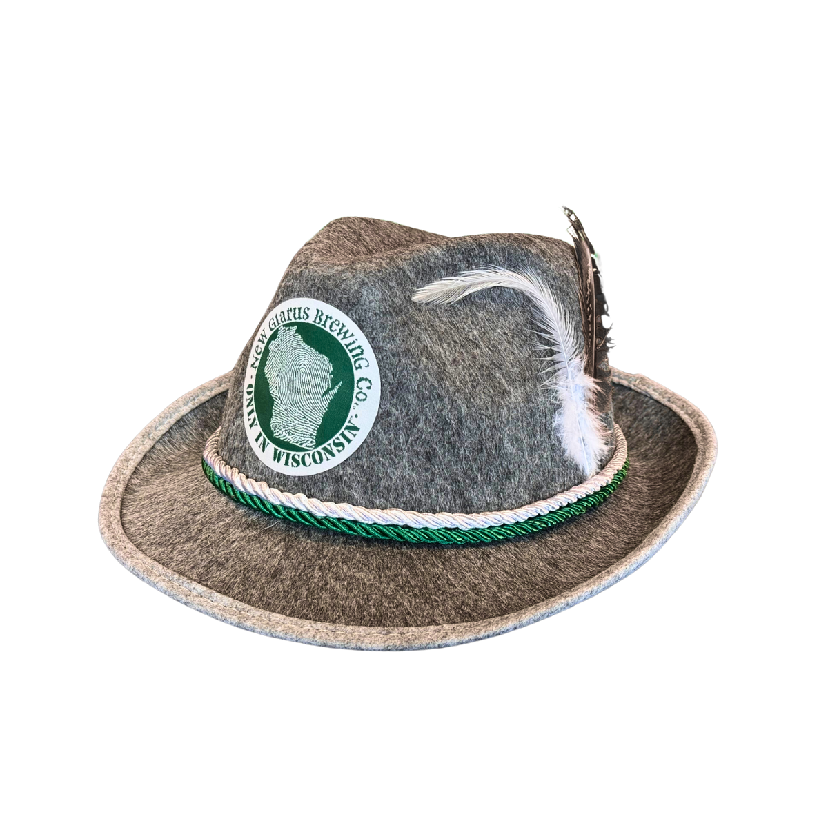 Gray felt Oktoberfest Bavarian Hat with, green and white rope around the brim, and two feathers. Featuring New Glarus Brewing Co.&#39;s &quot;Only in Wisconsin circle logo on the front in green and white.