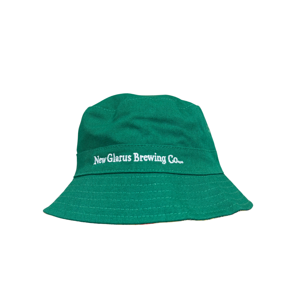 Green reversible bucket hat with New Glarus Brewing Co logo on front in white.