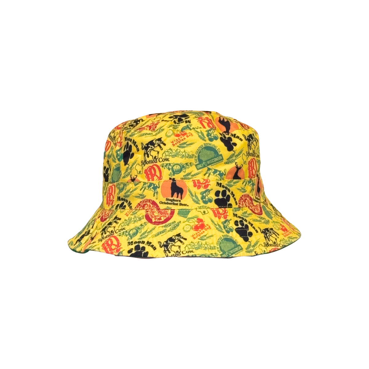 Yellow reversible bucket hat. With New Glarus Brewing Co. beer brand logos, including Spotted Cow, Two Women, Moon Man and plenty more. 