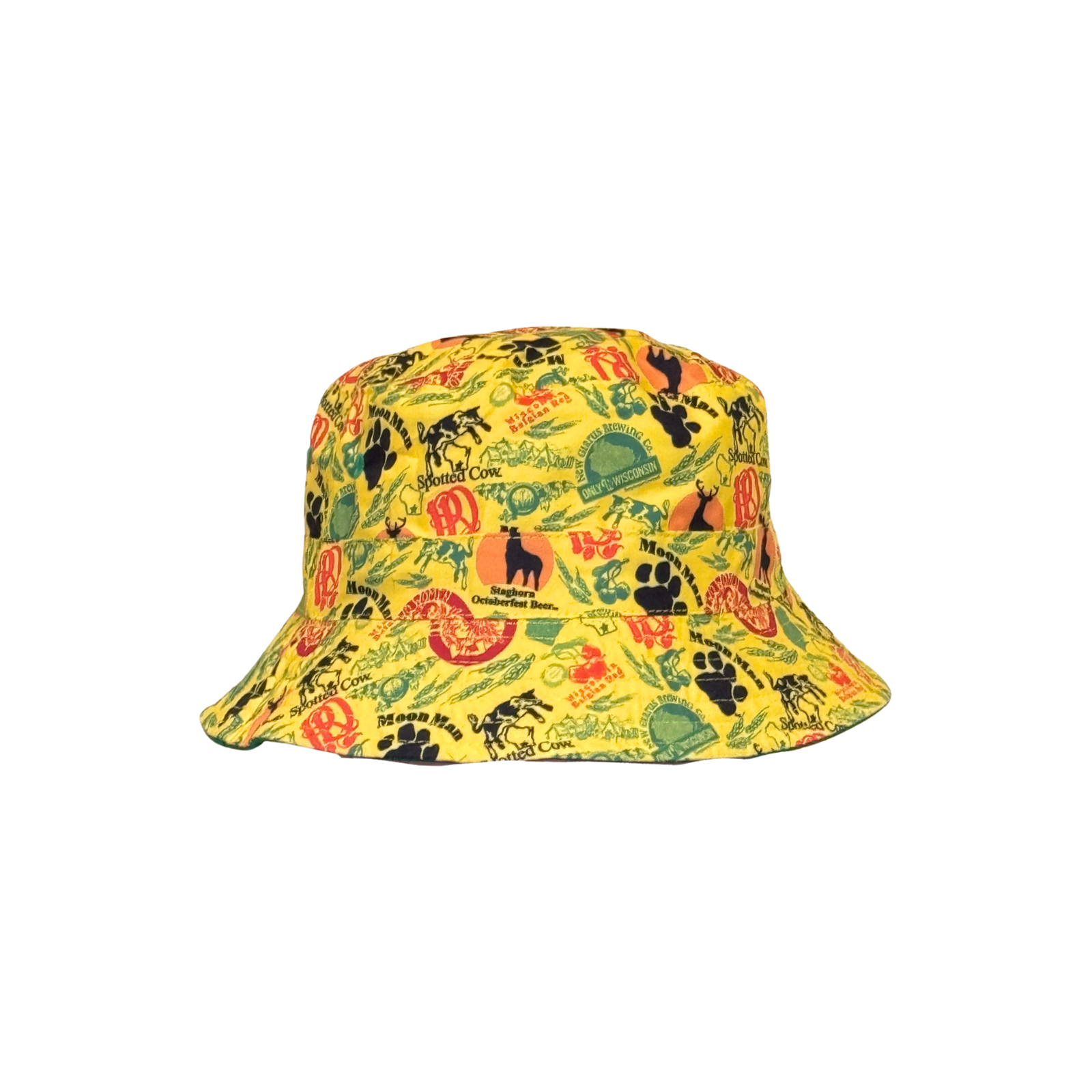 Yellow reversible bucket hat. With New Glarus Brewing Co. beer brand logos, including Spotted Cow, Two Women, Moon Man and plenty more. 