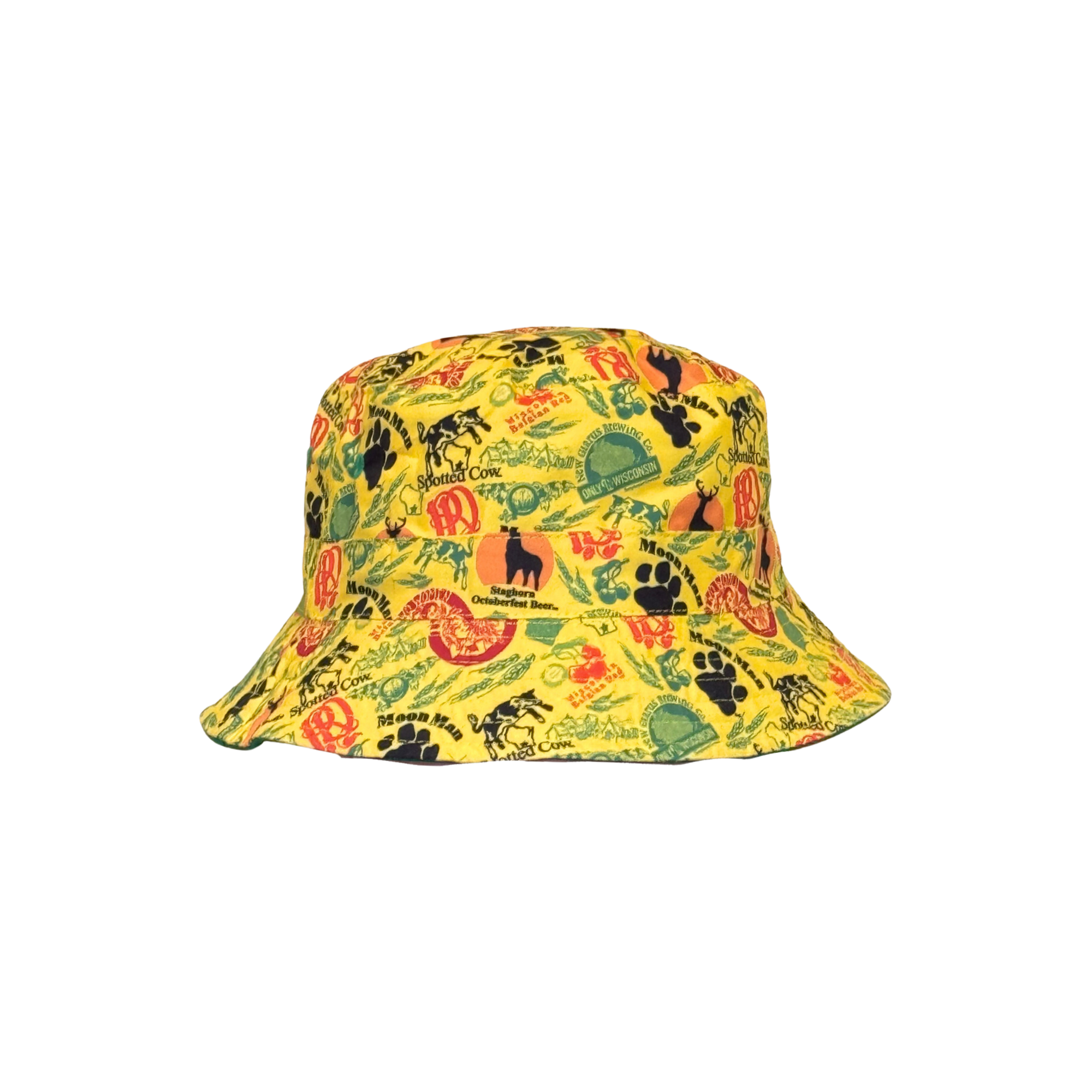 Yellow reversible bucket hat. With New Glarus Brewing Co. beer brand logos, including Spotted Cow, Two Women, Moon Man and plenty more. 