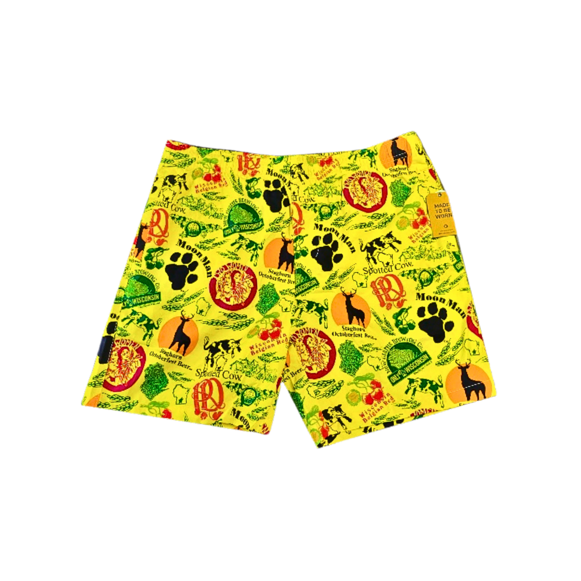 Yellow draw string shorts. With New Glarus Brewing Co. beer brand logos, including Spotted Cow, Two Women, Moon Man and plenty more. 