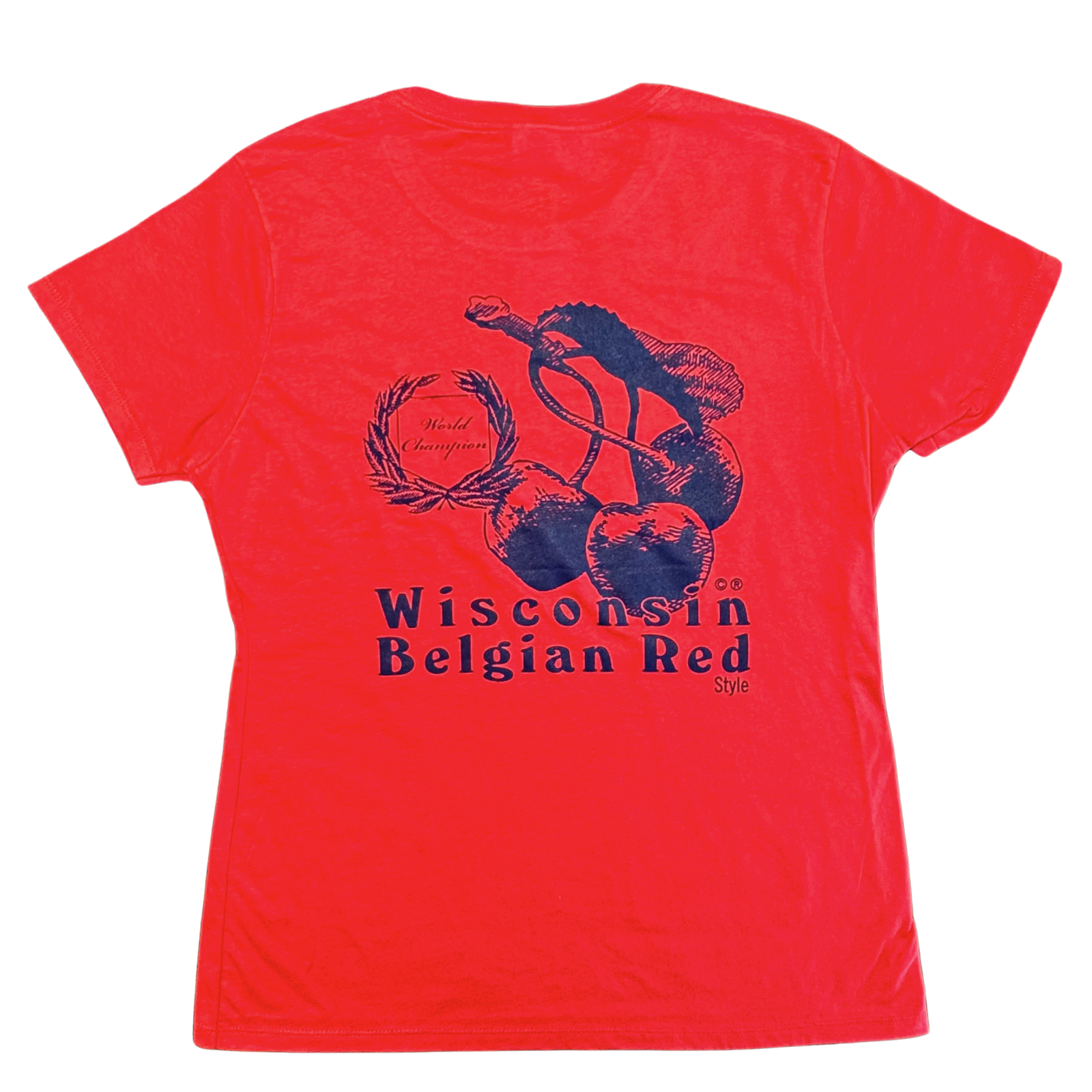 Vibrant red women's cut t-shirt with New Glarus Brewing Co. on the front and our award winning Belgian Red logo on the back in navy ink.