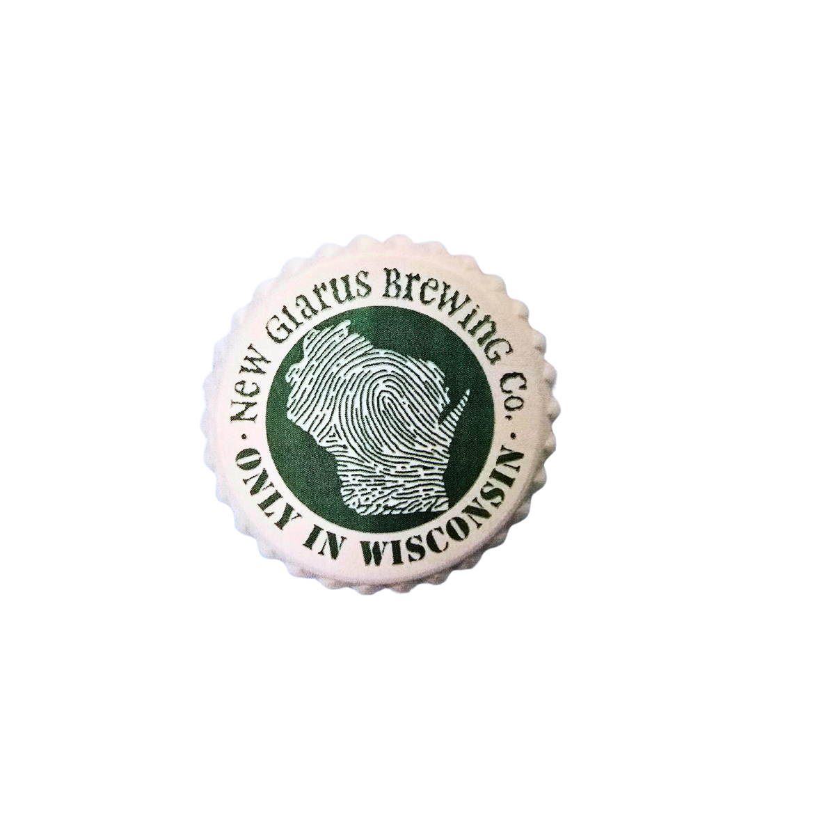 White bottle cap shaped magnet with New Glarus Brewing Co. Only in Wisconsin logo and the state of Wisconsin on the front in green