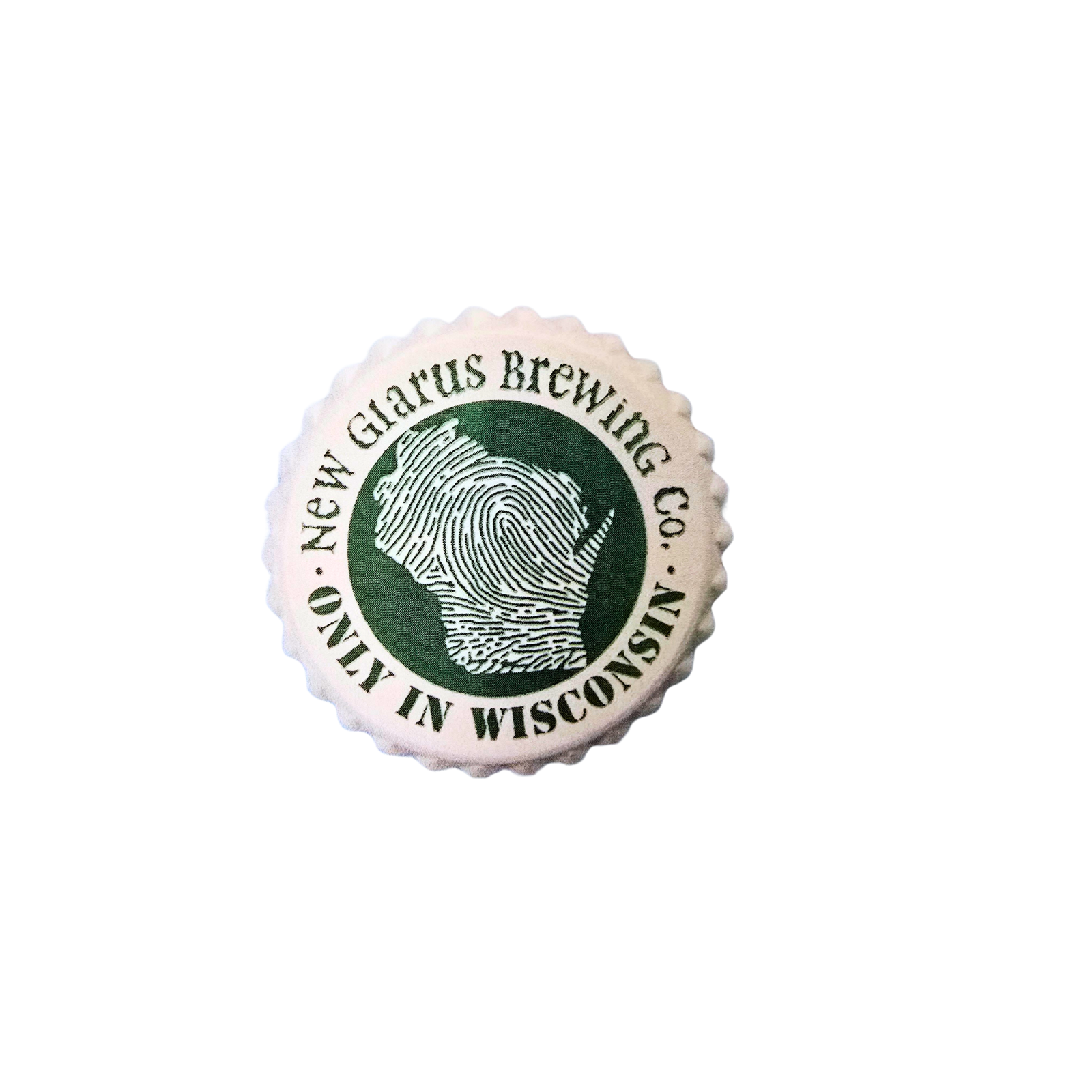 White bottle cap shaped magnet with New Glarus Brewing Co. Only in Wisconsin logo and the state of Wisconsin on the front in green