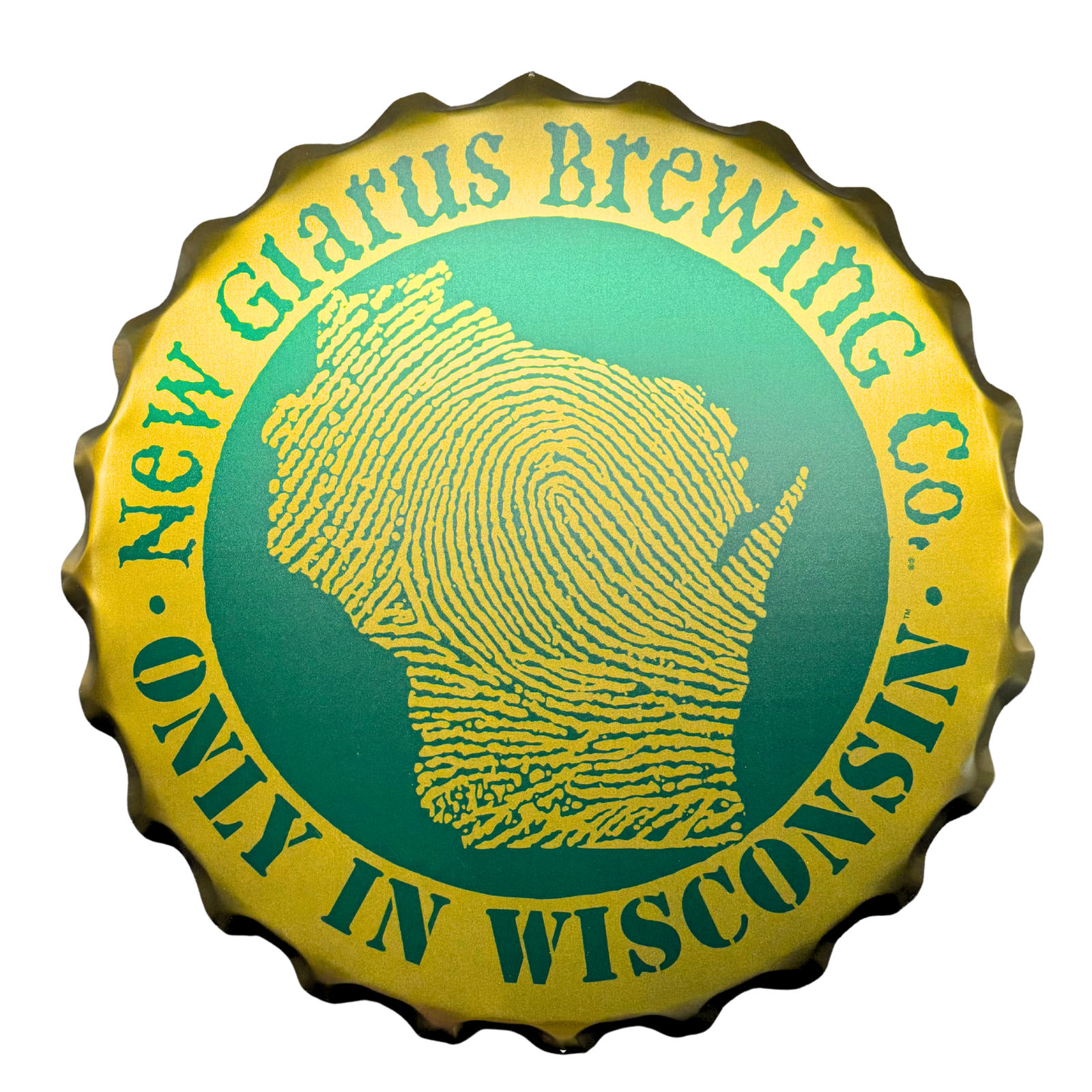 Gold Bottle cap tacker with New Glarus Brewing Co, and Only in Wisconsin logo in green, with the state of Wisconsin in the center.