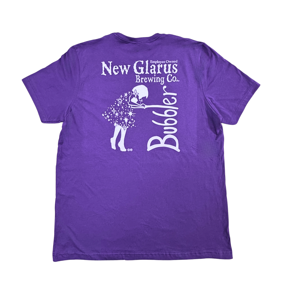 Purple colored t-shit with New Glarus Brewing Co. on left front, and our Bubbler logo on the back in Lavender ink. 
