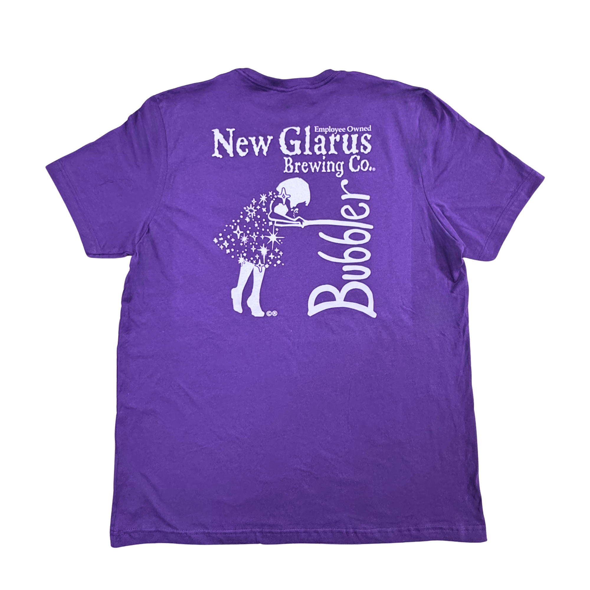 Purple colored t-shit with New Glarus Brewing Co. on left front, and our Bubbler logo on the back in Lavender ink. 