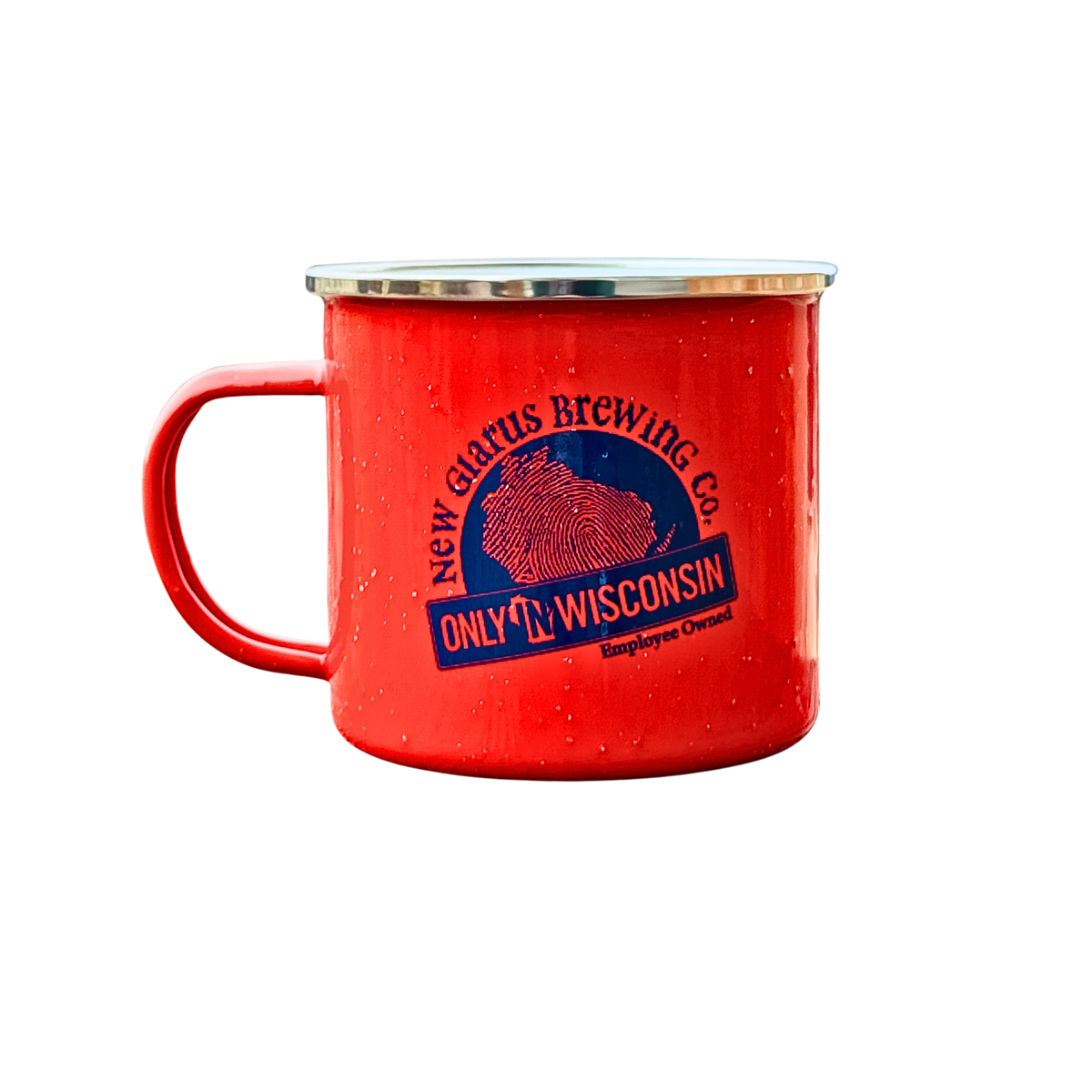 Campfire mug in red with New Glarus Brewing Co. Only in Wisconsin logo on front in navy blue.