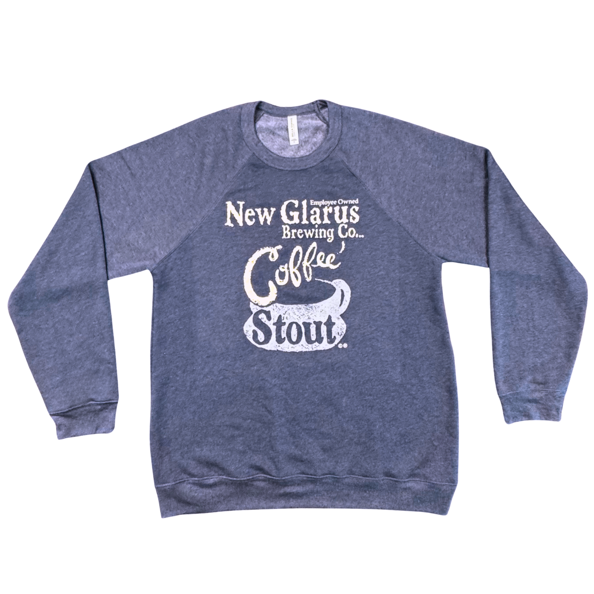 Heather Navy sweatshirt with New Glarus Brewing Co. logo and our Coffee Stout logo n the front in Buff and Light Gray Ink