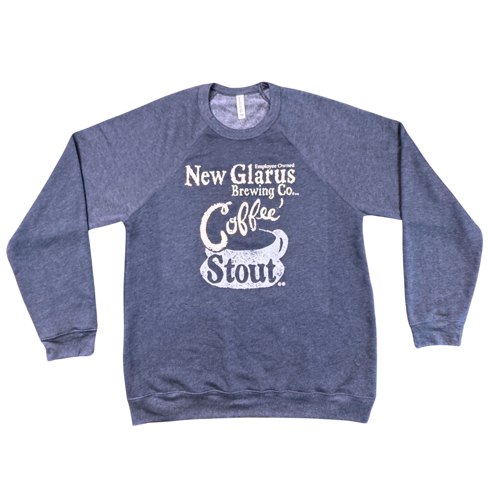 Heather Navy sweatshirt with New Glarus Brewing Co. logo and our Coffee Stout logo n the front in Buff and Light Gray Ink