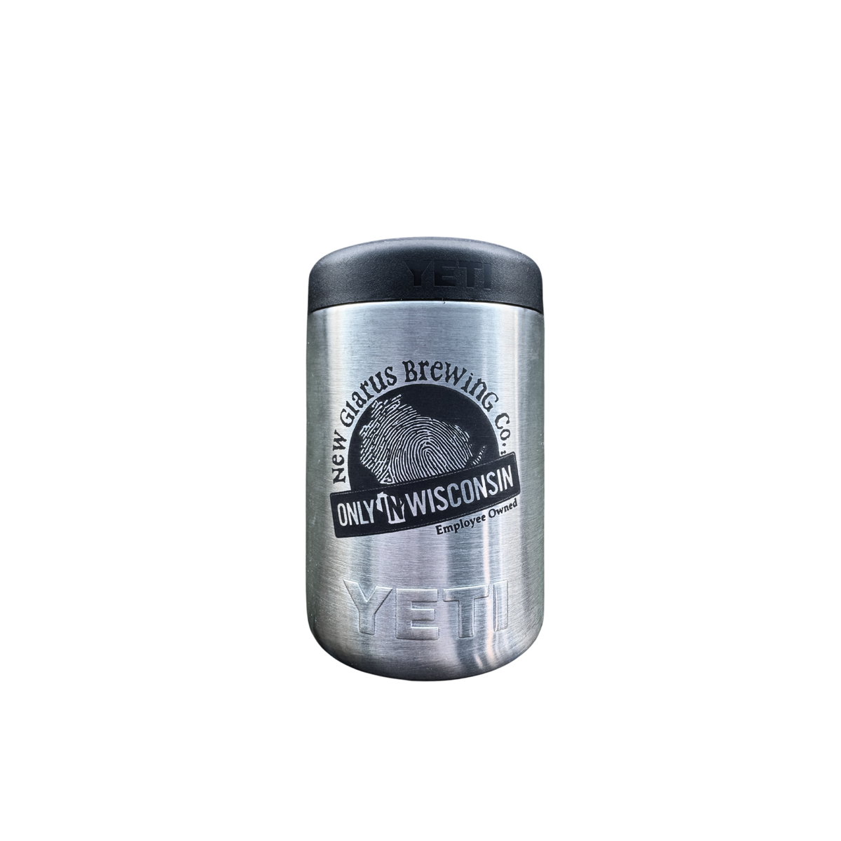 12oz. stainless steel Yeti colster, with New Glarus Brewing Co.&#39;s Only in Wisconsin logo in silver.