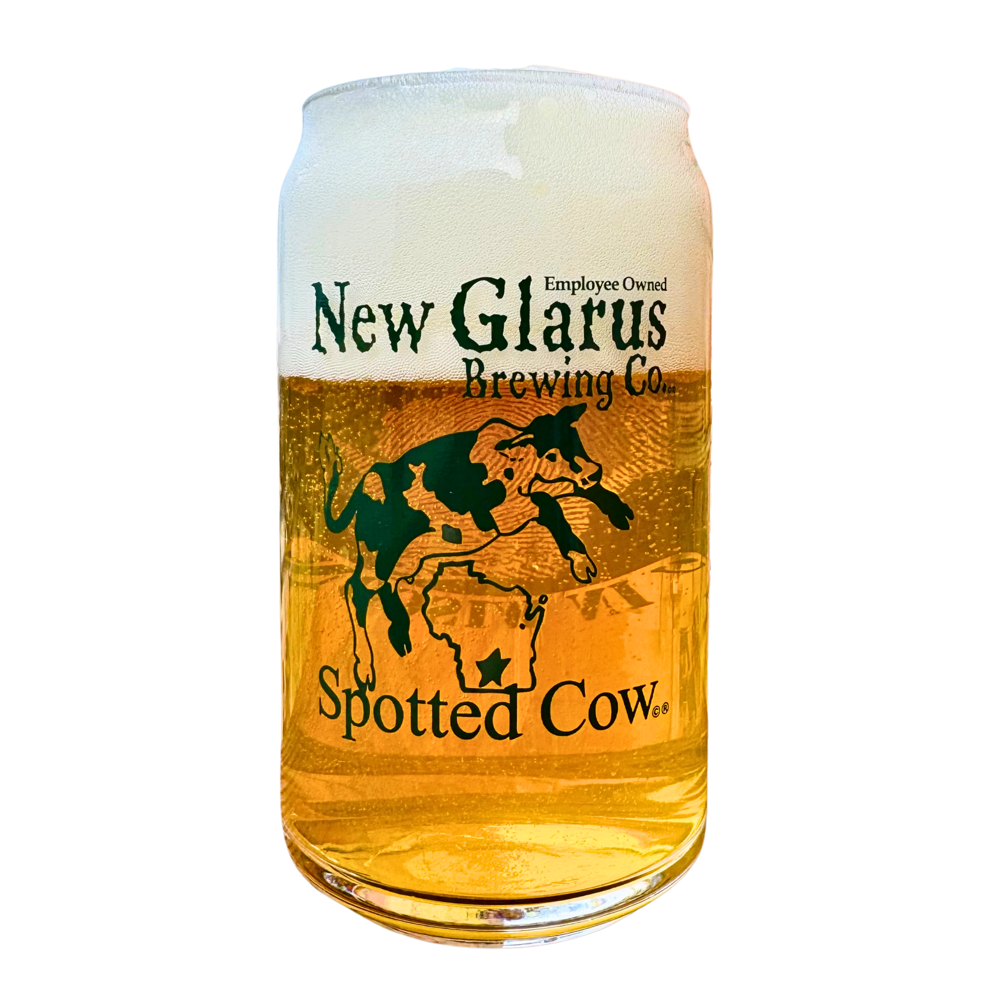 16oz. can glass with New Glarus Brewing Co. Spotted Cow logo on front in green