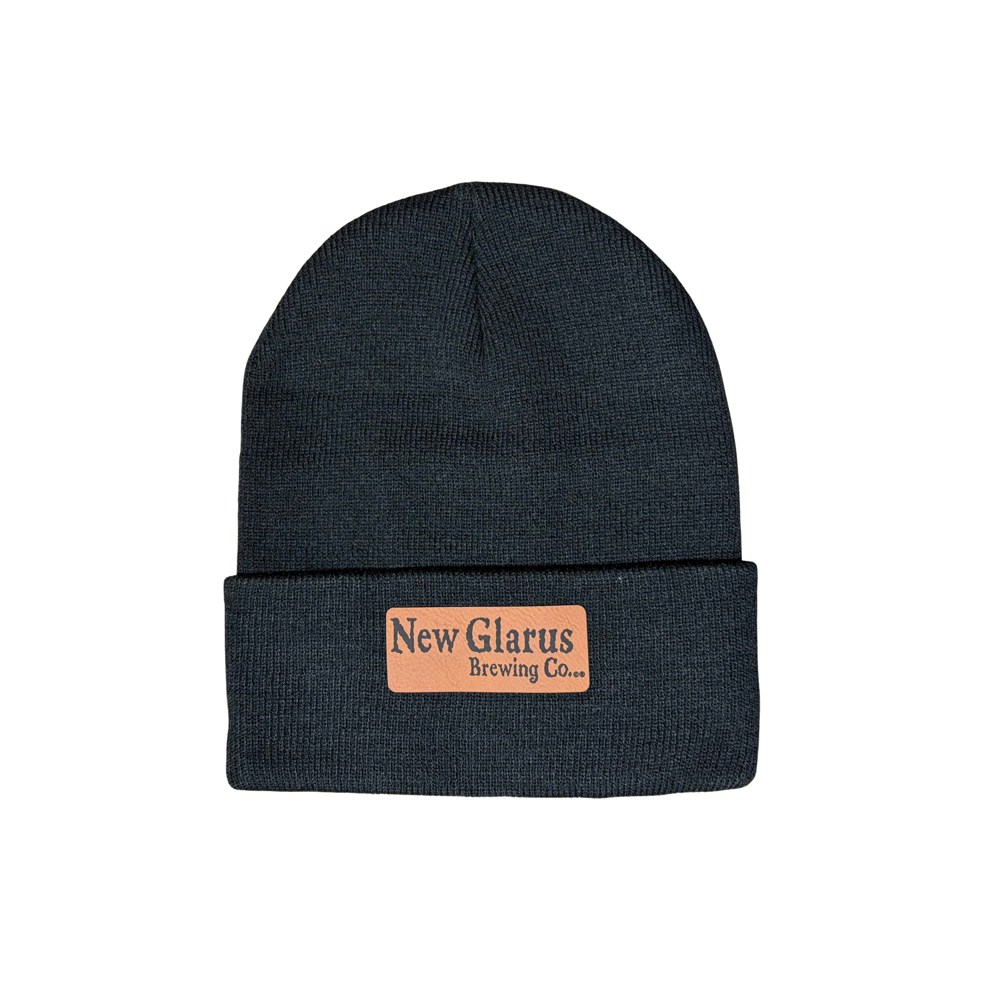 Black hat with a leather patch with New Glarus Brewing Co logo on front. 