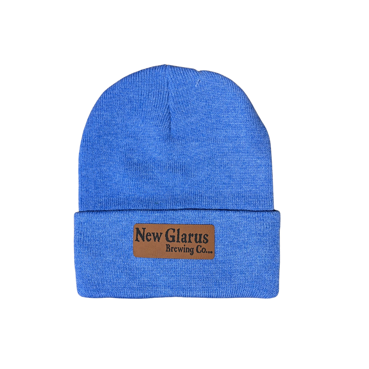 Heather Blue hat with a leather patch with New Glarus Brewing Co logo on front.
