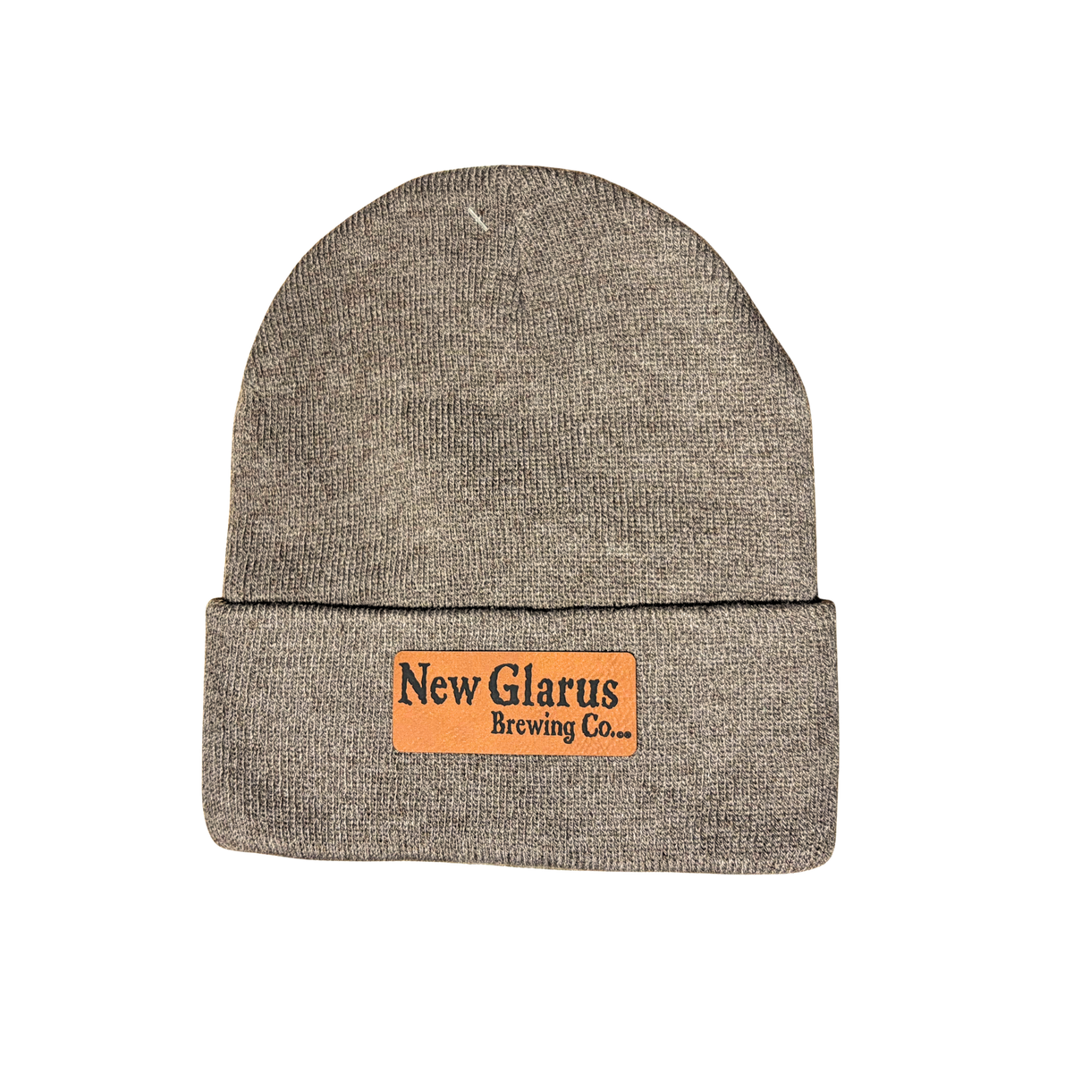 Heather Brown hat with a leather patch with New Glarus Brewing Co logo on front.