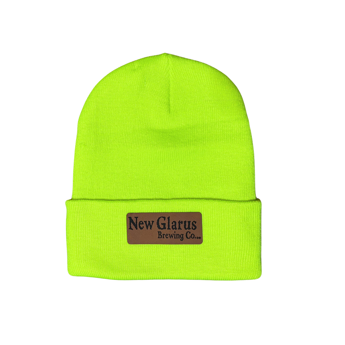 Safety Yellow hat with a leather patch with New Glarus Brewing Co logo on front.