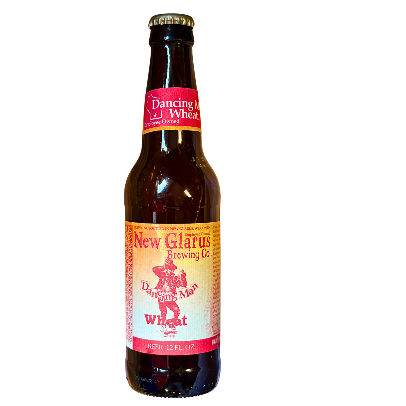 Beer bottle with New Glarus Brewing Co. label on a white background and Dancing Man Wheat. 
