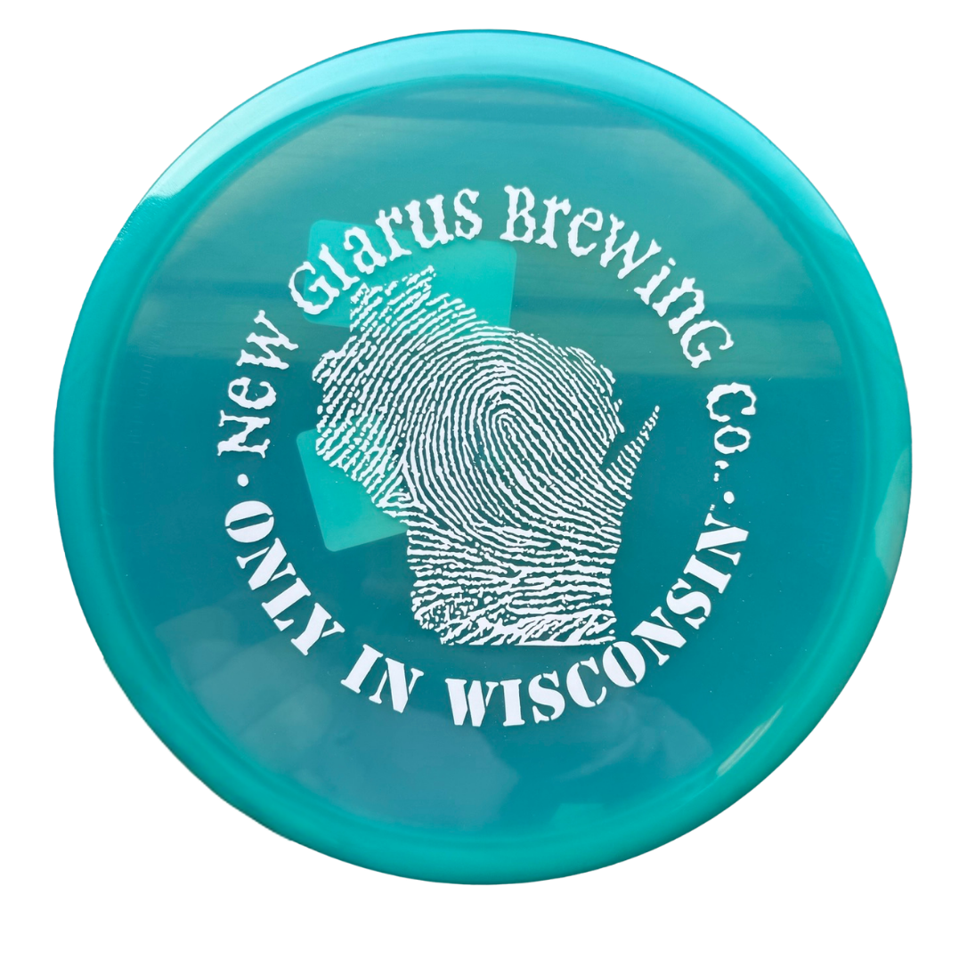 Blue golf disc with New Glarus Brewing Co. Only in Wisconsin logo in black on front.