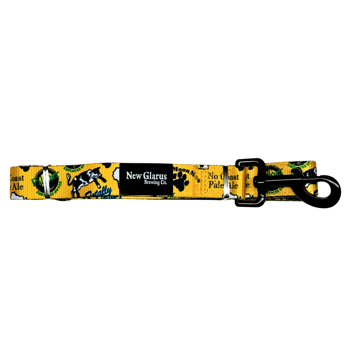 6ft. dog leash in yellow featuring New Glarus Brewing Co. beers, Spotted Cow, Totally Naked, Moon Man and Pilsner