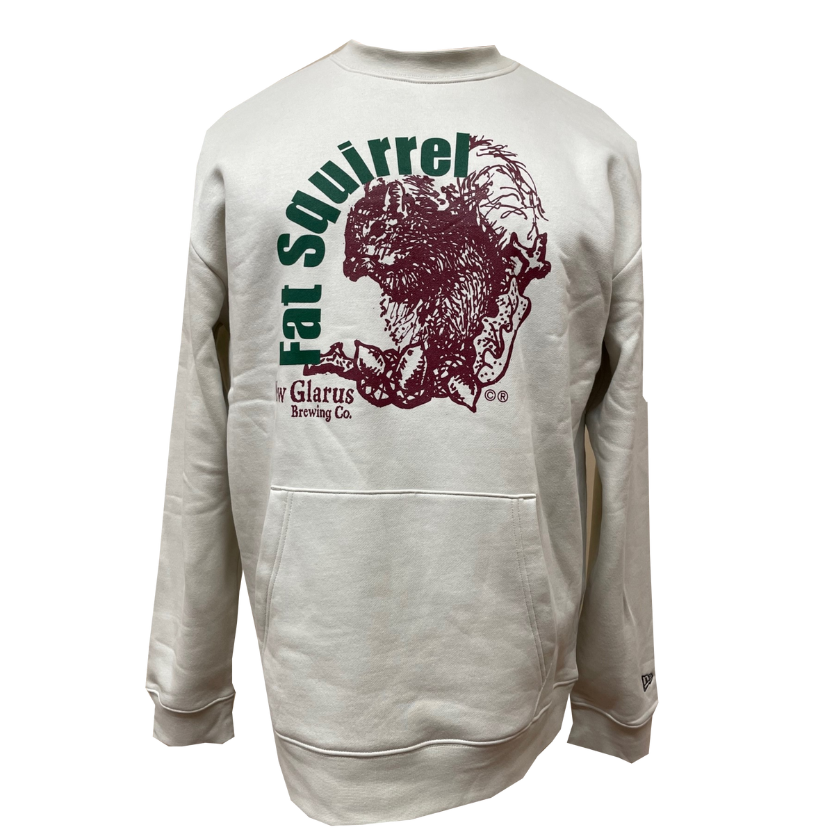 Cream crew neck sweatshirt with the Fat Squirrel logo in green and burgundy. Features a kangaroo pocket in front.
