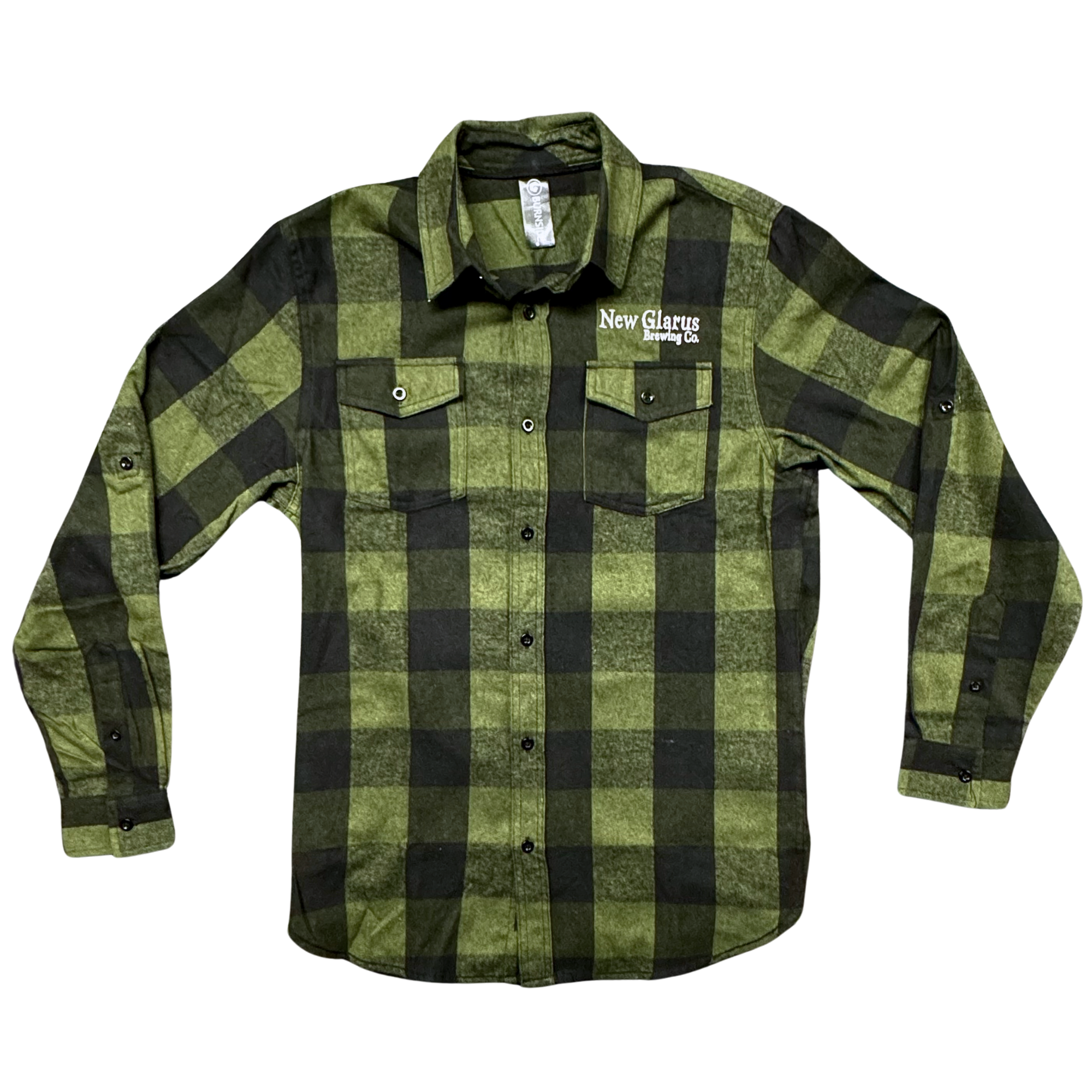 Green and Black plaid flannel, with pockets on both sides of chest, with  New Glarus Brewing Co logo over right pocket in white.