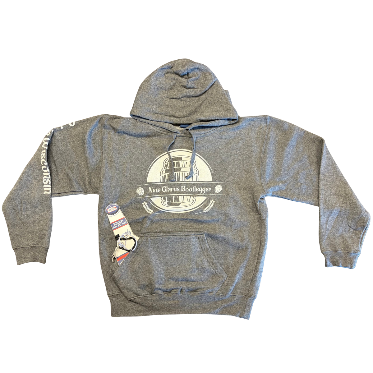 Gray Bootlegger hoodie with bottle opener in hand pocket and coozie underneath pocket threads. 