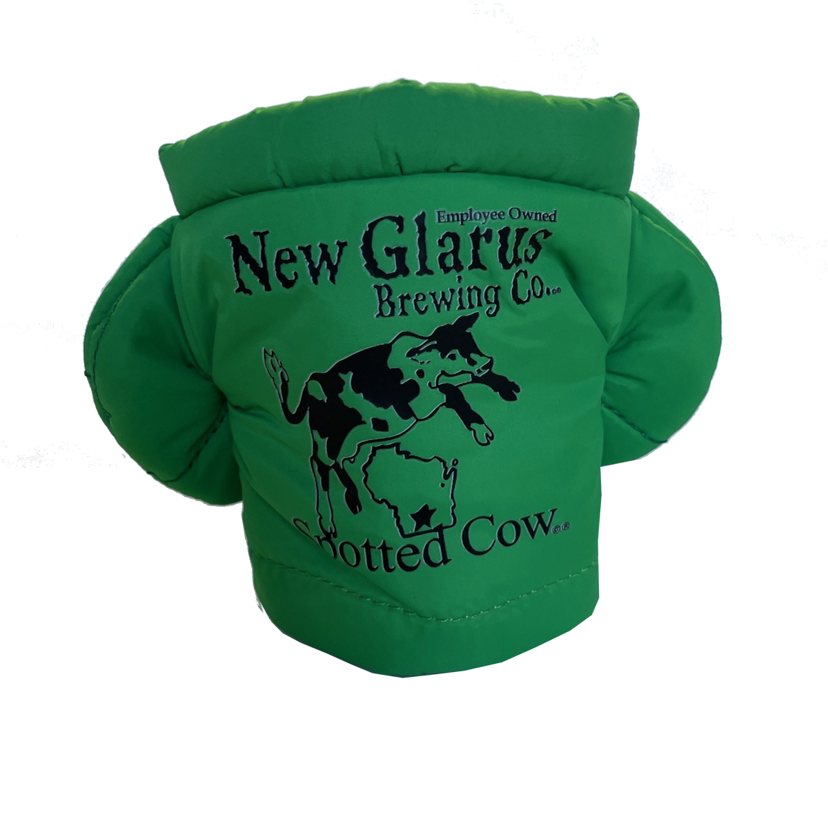 Green jacket coozie with the Spotted Cow logo in black on the back.