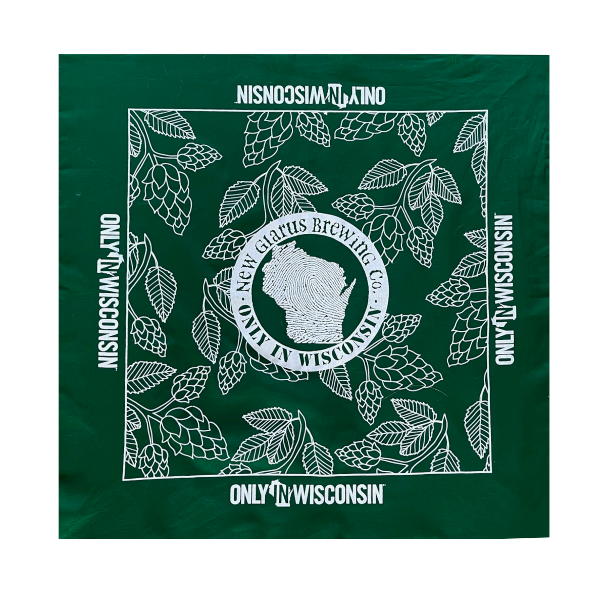 Dark green bandana with designs of hops and the New Glarus Brewing Co. circle logo in white.