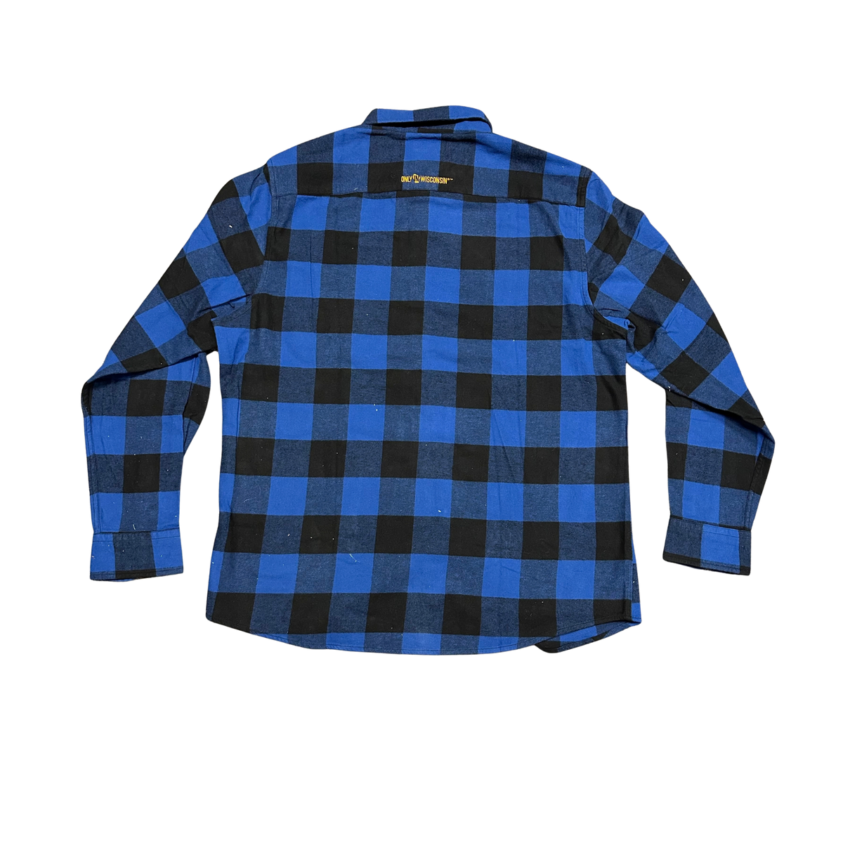 Back view of a blue and black buffalo plaid flannel shirt with an “Only in Wisconsin” logo embroidered on the back.