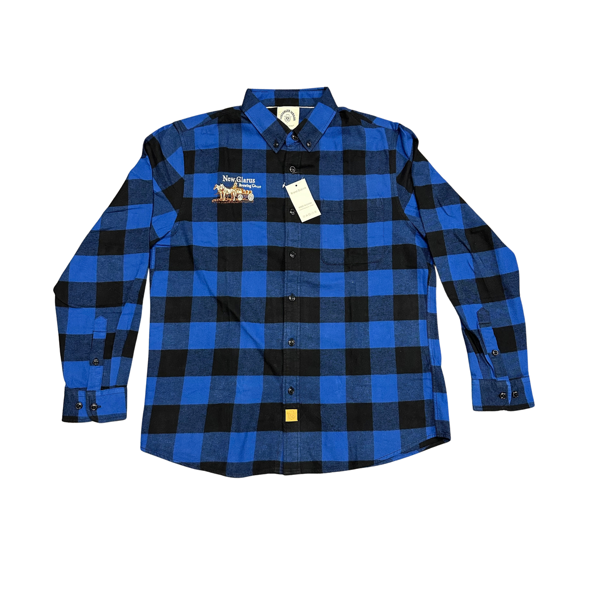 Blue and black buffalo plaid flannel shirt with the Horse & Wagon logo embroidered on the front chest.