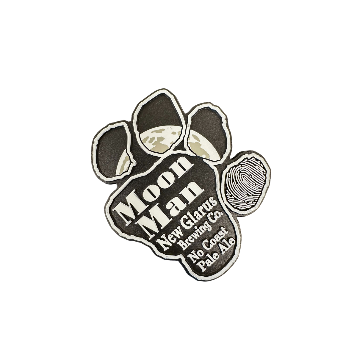 Magnet shaped like a paw print with the Moon Man logo, featuring the moon in the paw pads and the text ‘Moon Man – New Glarus Brewing Co. – No Coast Pale Ale.