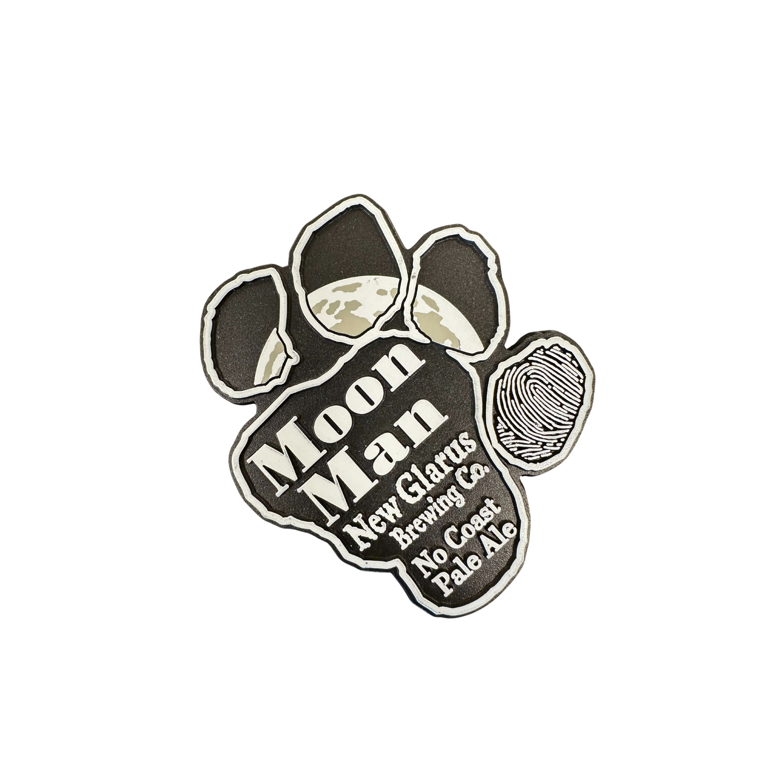 Magnet shaped like a paw print with the Moon Man logo, featuring the moon in the paw pads and the text ‘Moon Man – New Glarus Brewing Co. – No Coast Pale Ale.
