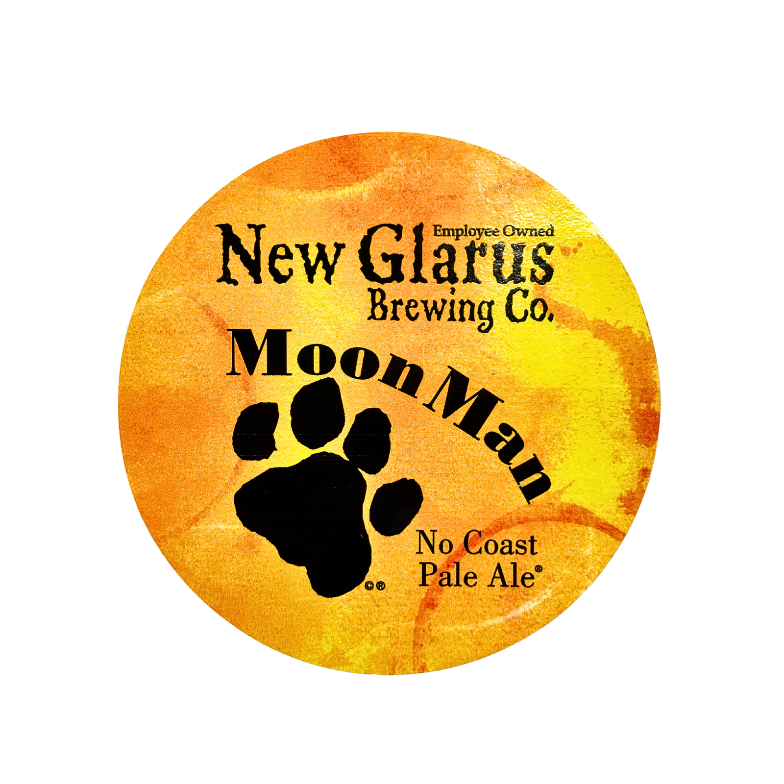Round yellow sticker with New Glarus Brewing Co. Moon Man logo