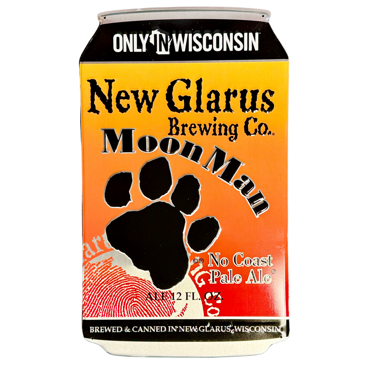 Can shaped tin taker with New Glarus Brewing Co. Moon Man logo